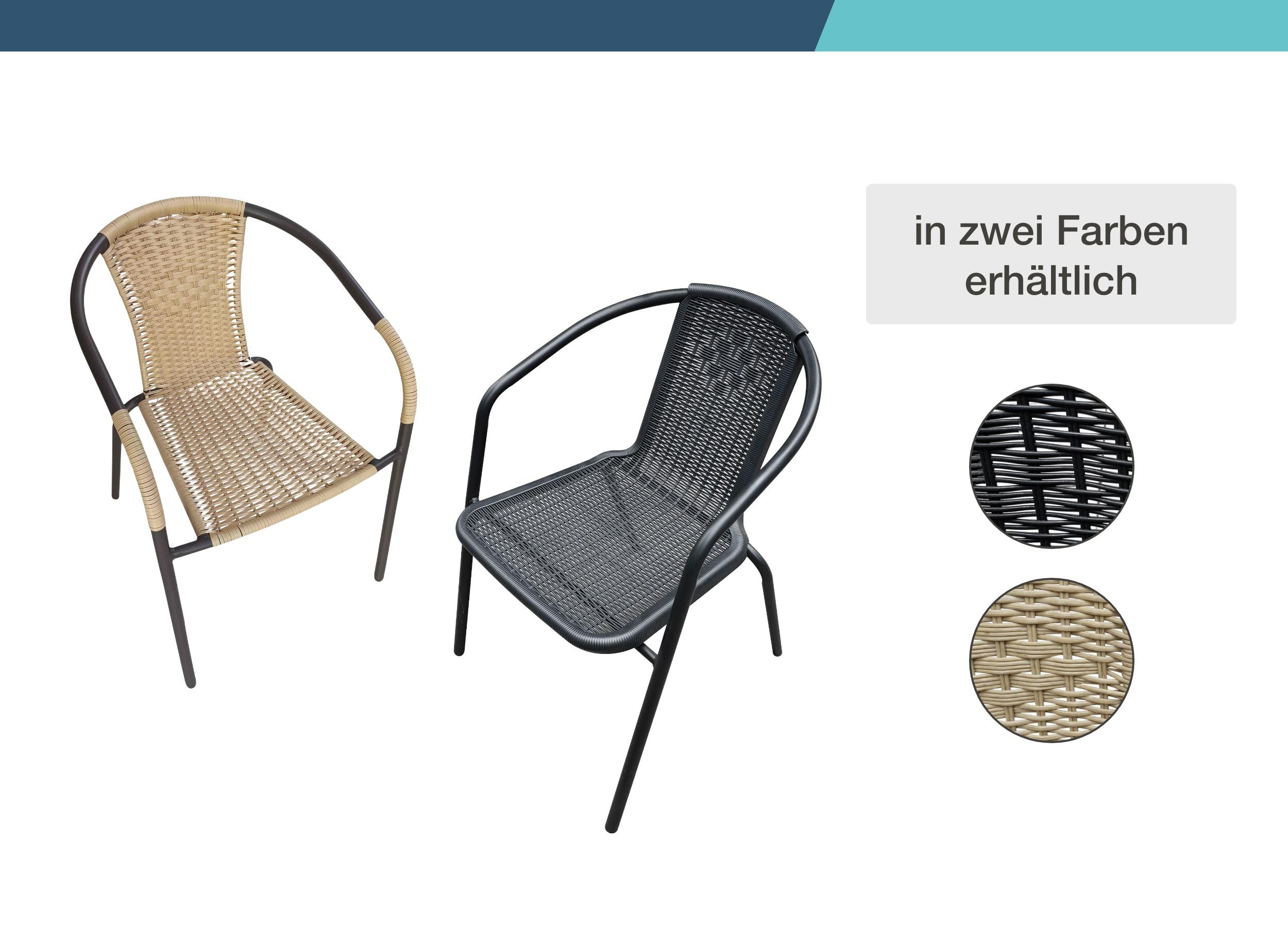 LC Garden Garvista 4er Stuhl Set Bistrostuhl Stapelstuhl, Gartenstuhl, Terassenstuhl, stapelbarer Armlehnstuhl mit Metallgestell in schwarz und Polyrattangeflecht