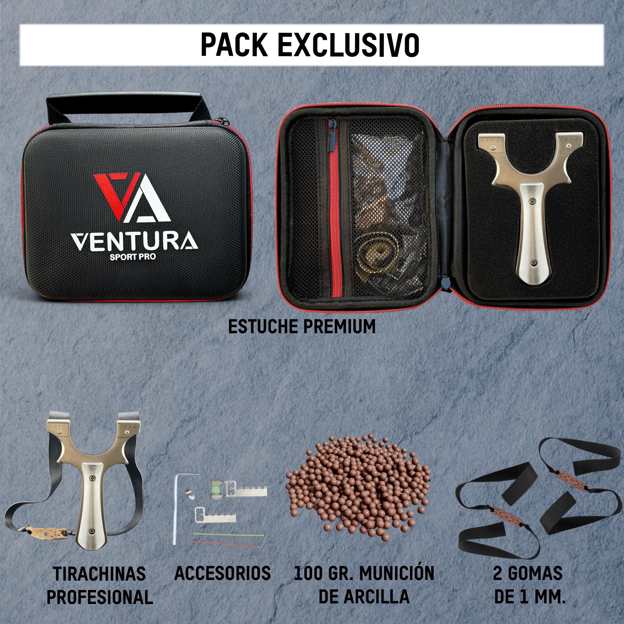 VENTURA SPORT PRO Tirachinas Clásico de Acero Inoxidable + 100 Gramos Munición de Arcilla 9 mm - 2