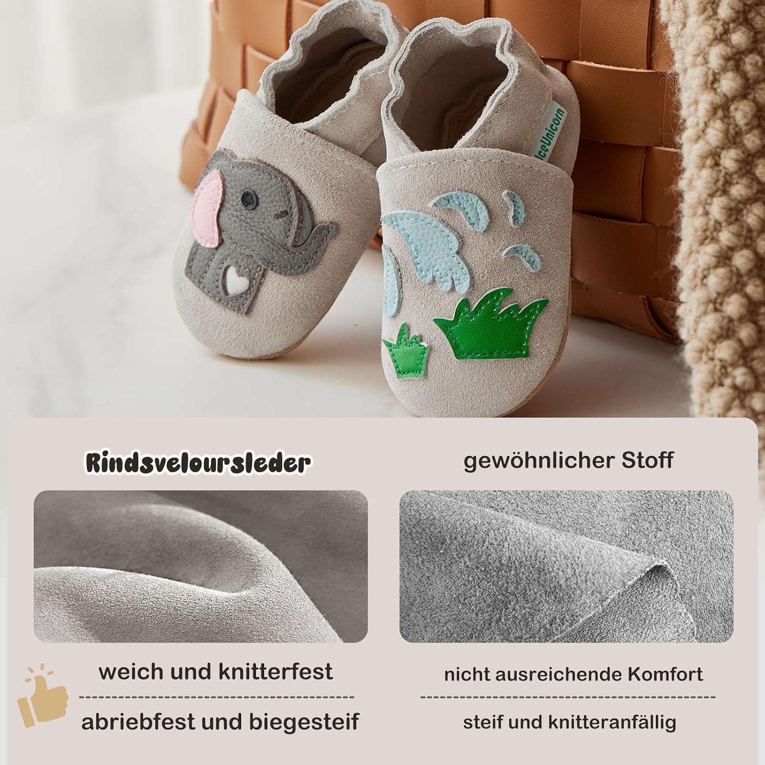 IceUnicorn First Walking Shoes Baby Crawling Shoes Leather Slippers Baby Boys Girls Soft Leather Slippers 2 - 3 years Light Grey Elephant