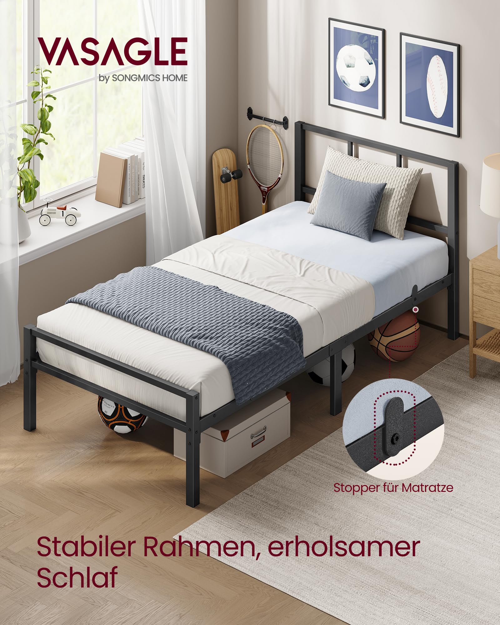 VASAGLE Einzelbettgestell, 90 x 200 cm, Bettrahmen mit Lattenrost, Kopfteil, Bett, aus Metall, bis 250 kg belastbar, einfache Montage, für Schlafzimmer, tintenschwarz RMB292B101