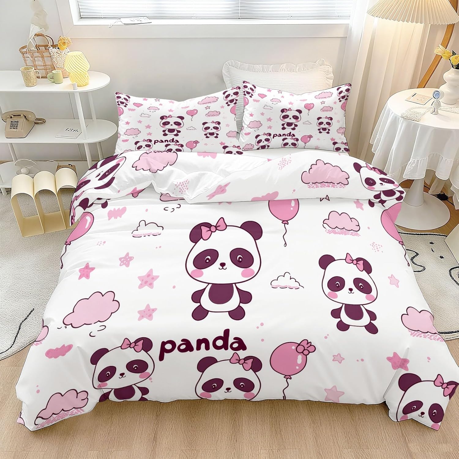 Duvet Cover for Kids Cartoon Panda Cloud Heart Quilt Cover Sets Reversible Soft Breathable Bedspread Cover Room Decor, Pink Bedding Set 3Pcs Zipper Closure Boys Girls Teens (Twin Size 68"x90")