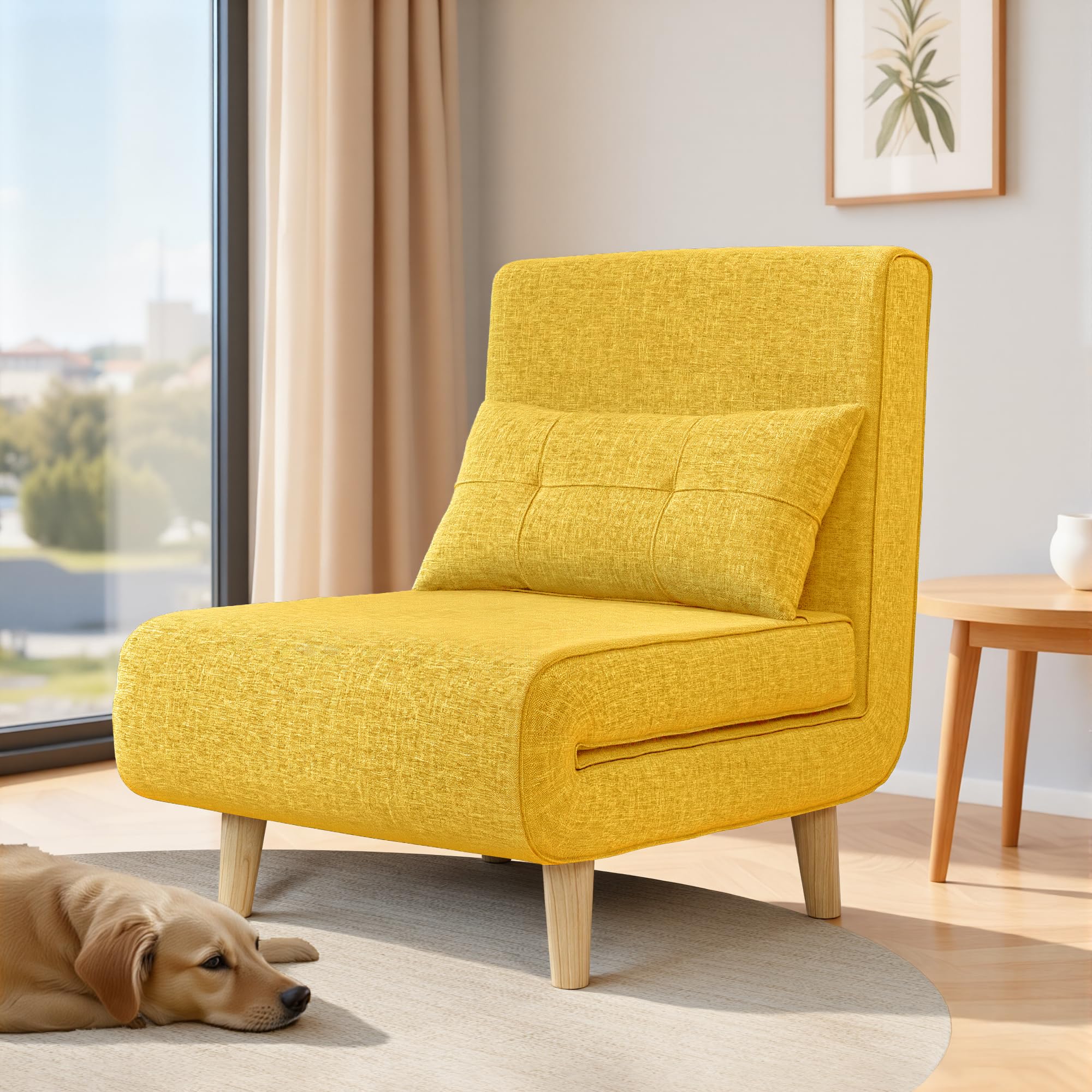Bealife Sillón Convertible 1 Plaza, Sillón Cama 3 en 1, Sofá Cama Individual con Respaldo Ajustable en 5 Posiciones, para Salón, Dormitorio, Oficina, Amarillo