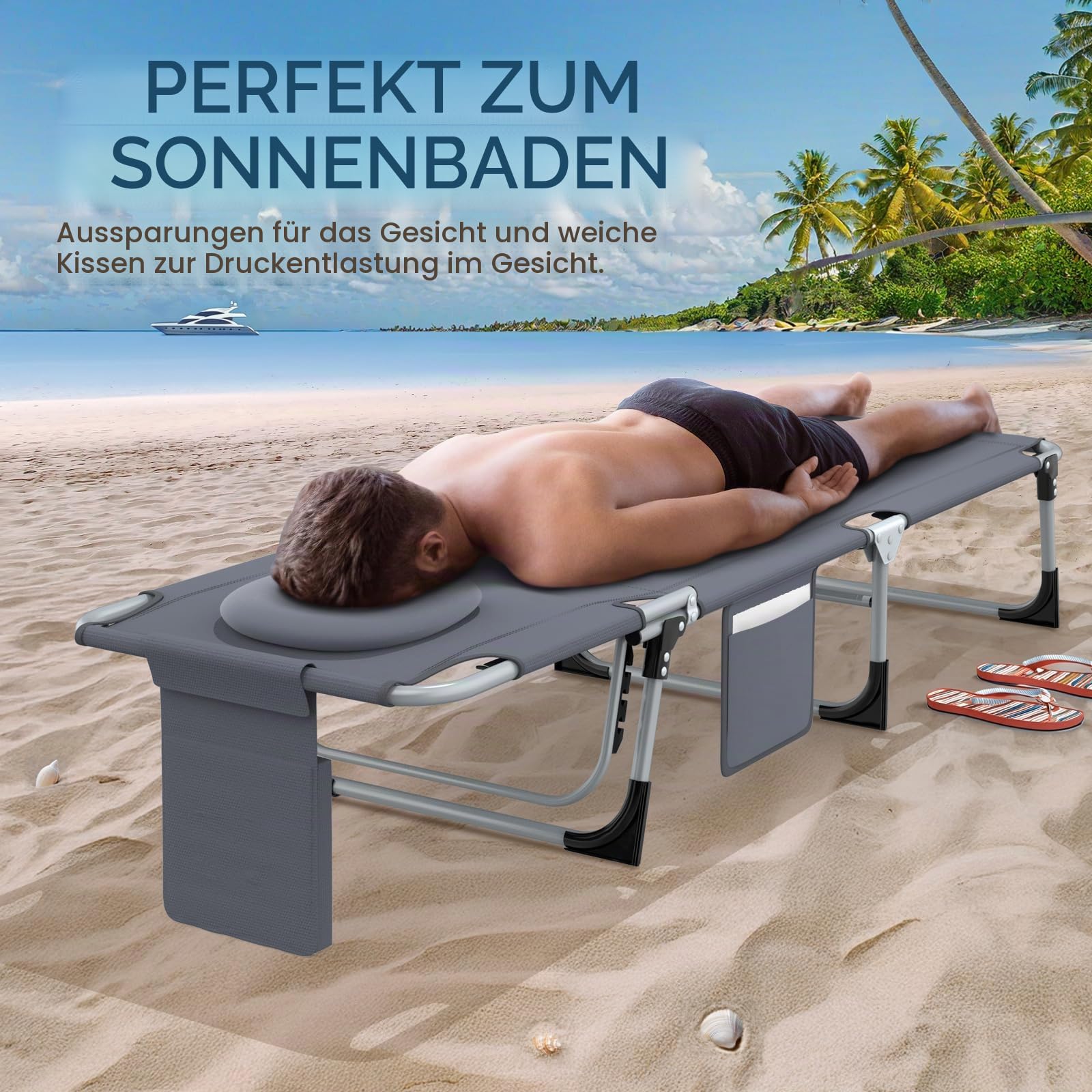 Sonnenliege Klappbar, Gartenliege mit Gesichtsöffnung, abnehmbaren Kissen & 3-Fach Verstellbarer Rückenlehne, Liegestuhl Strandliege für Garten, Balkon & Terrrasse, max.150 kg, Grau