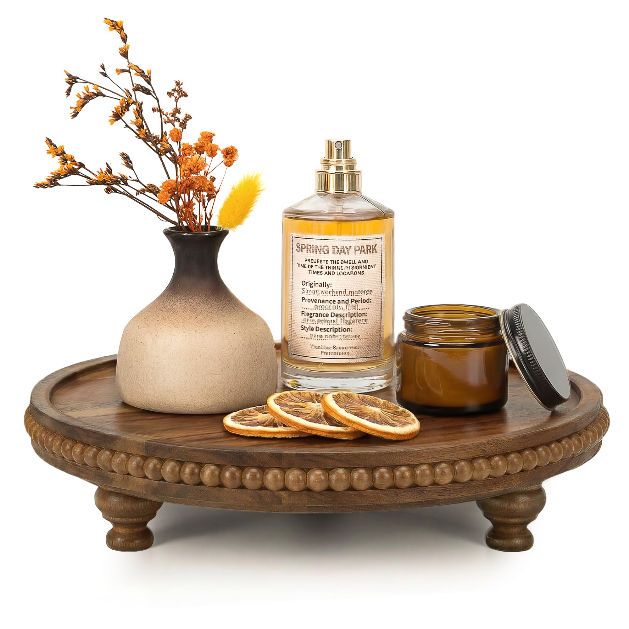 Photo 1 of EOSAHR Acacia Wood Beaded Round Display Riser for Room Decor – 3-Leg Wooden Pedestal Stand for Coffee Table Decor, Cake Stand, Perfume & Vanity Organizer – Boho Home Decor for Kicthen Counter (Acacia Wood)