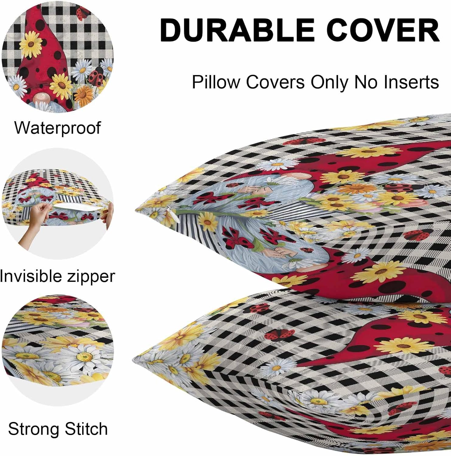 Outdoor Throw Pillow Cases Red Ladybug Gnome Summer Yellow Daisy,Waterproof Pillow Cover Soft Pillow Protectors,Black Buffalo Plaid Farm Blooms Flower Durable Pillowcase Sofa Couch Seaside Picnic RV