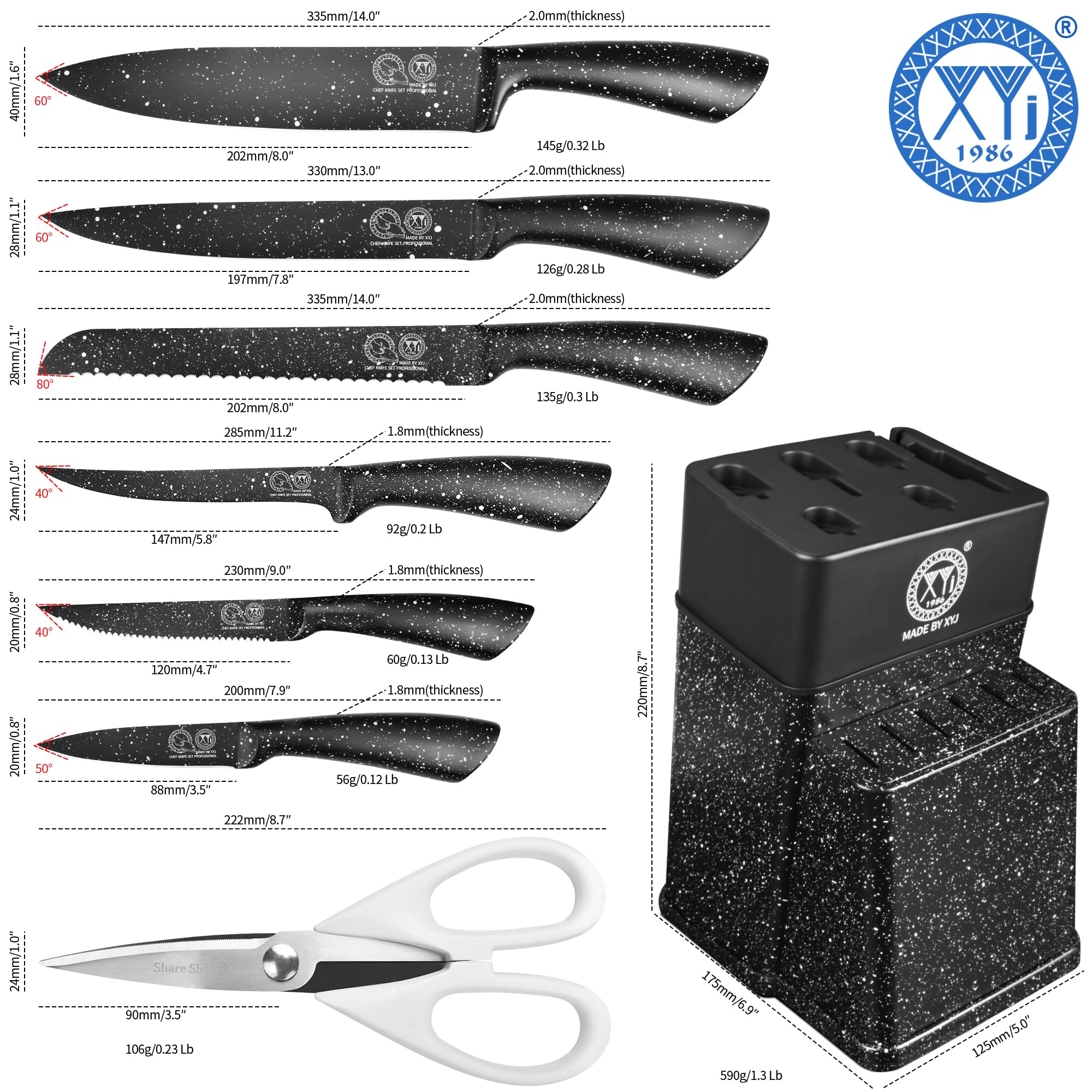 XYJ - Set di coltelli da cucina in acciaio inox con portacoltelli, coltelli da cucina giapponesi professionali, coltello trinciante, forbici, coltello da bistecca, coltello da pane