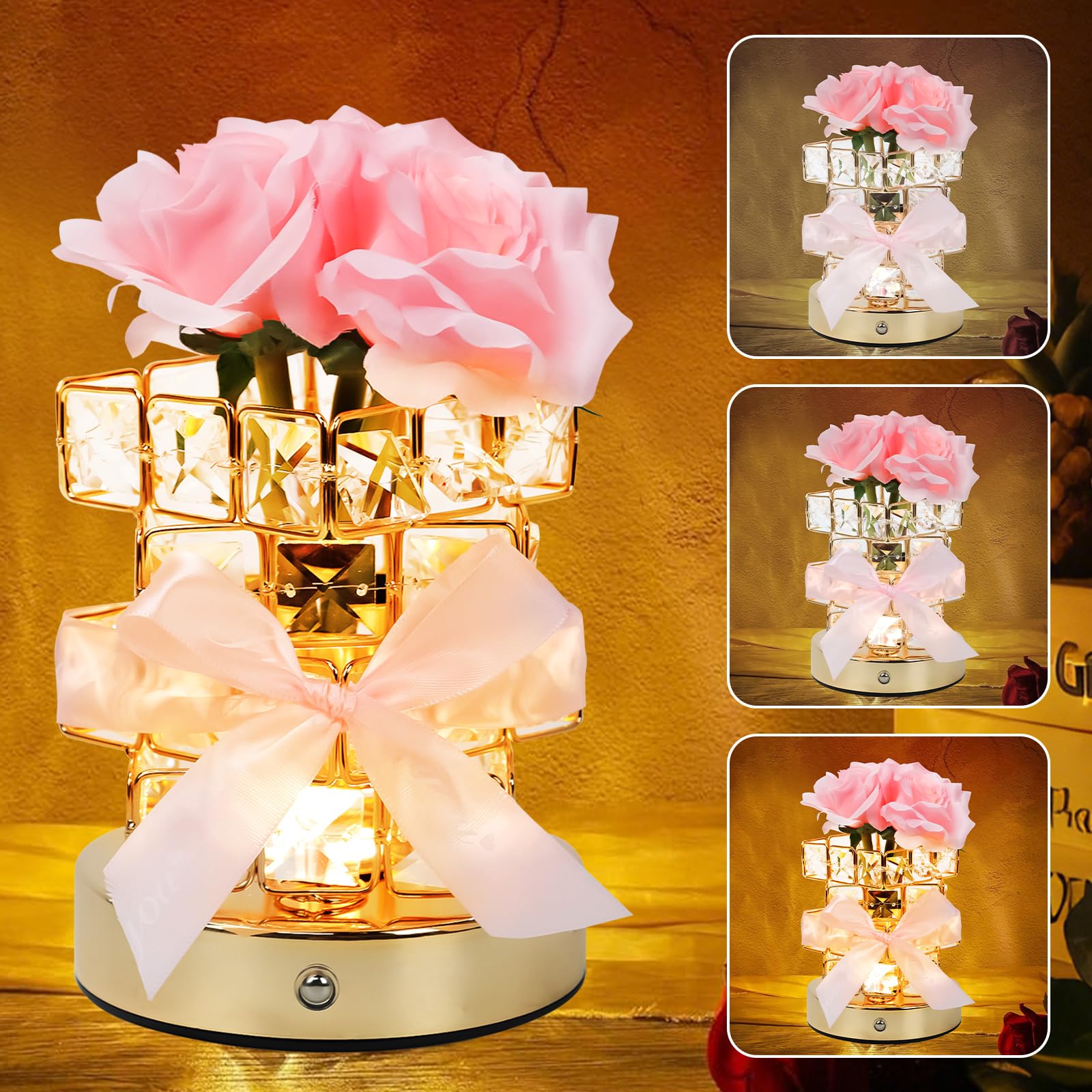 TOWEBOORY Rose Flower Lamp Touch Lamp, Rechargeable Cordless Table Lamp 3 Colors Stepless Dimming Crystal Night Light Mood Light Bedside Lamp Decor for Home Office, Birthday Gifts (Pink Rose)
