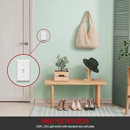 Miniatura 7 de ENERLITES Paquete de placas de pared con luz de palanca, interruptor eléctrico de un solo polo, 15 A 120-277 V, tornillo de puesta a tierra, grado