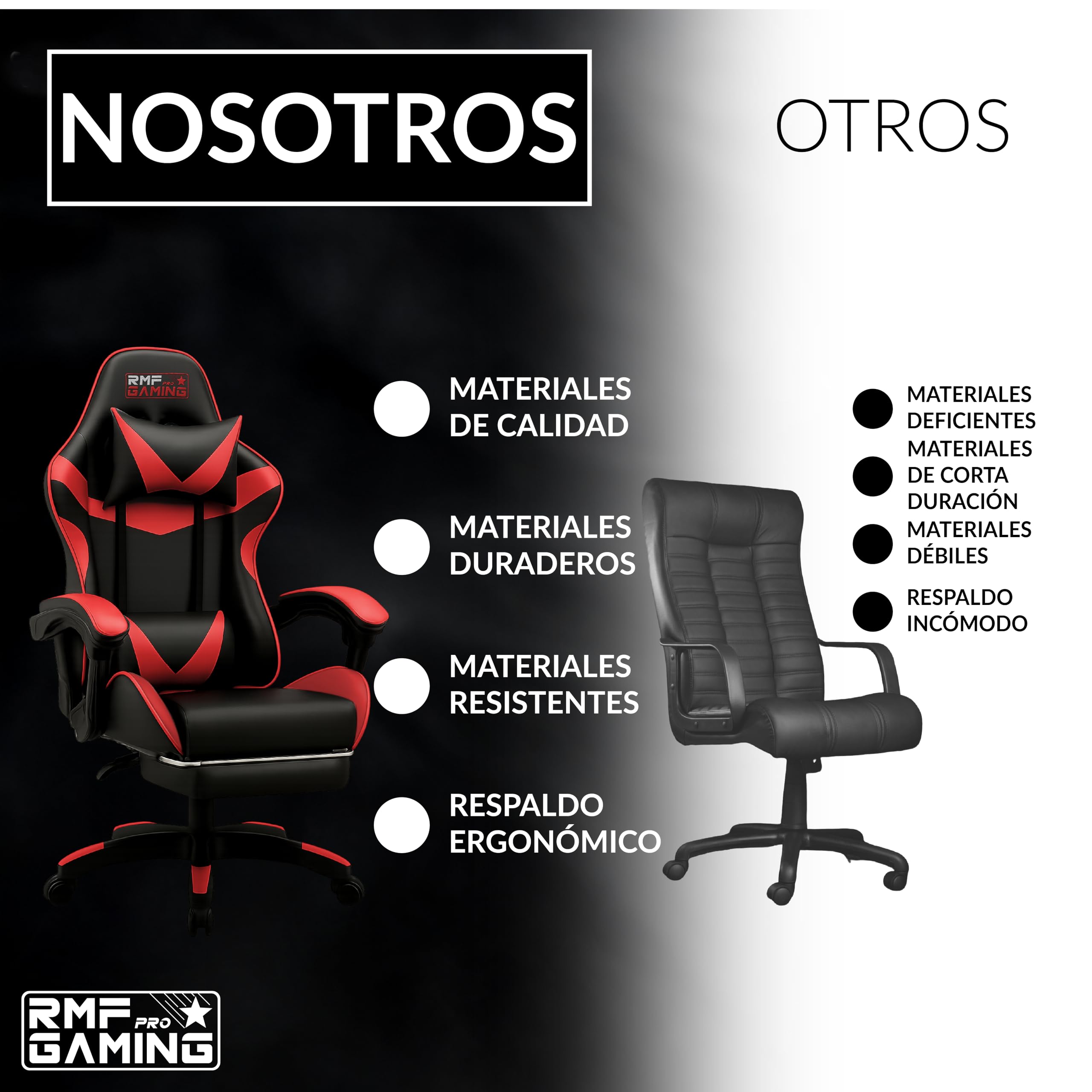 RMF Silla Gaming Profesional Ergonómica Reclinable, Sillón Gaming de Asiento Cómodo y Relajante con Reposapiés - Silla para Gamer con Ruedas Giratorias, Altura Ajustable Rojo/Negro