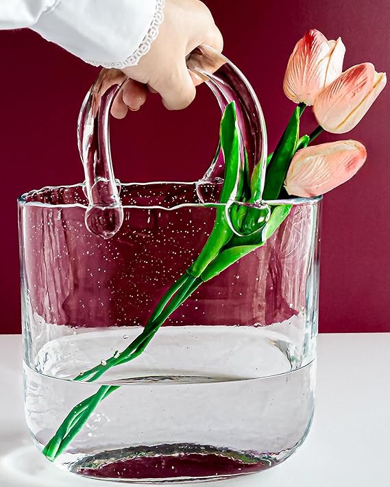 OLEEK Purse vase for Flowers (Handmade) Clear Glass Bag