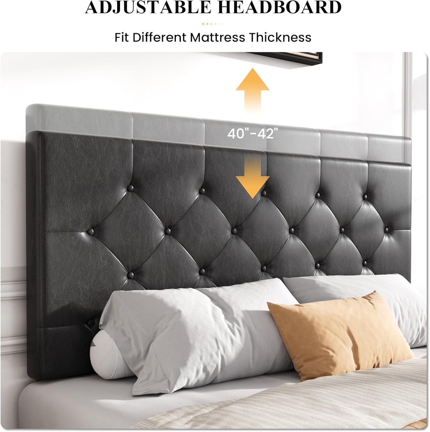 Close-up of the adjustable headboard on the SHA CERLIN bed frame, showing an arrow indicating the height adjustment range from 40 to 42 inches.
