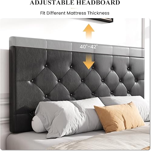 Miniatura 4 de SHA CERLIN Base de cama tapizada de plataforma completa con 4 cajones, cabecera ajustable con diseño de botón de diamante de piel sintética, soporte