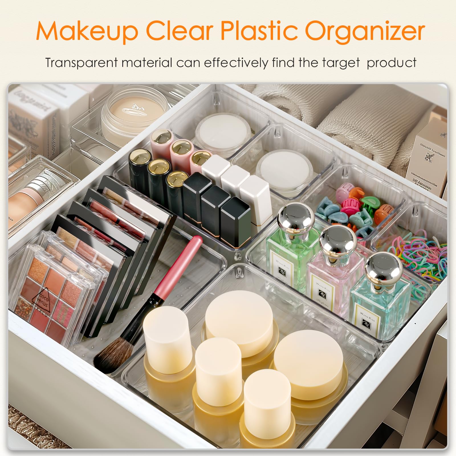 Criusia Organizer per cassetti, confezione da 26 contenitori in plastica trasparente, versatili per organizzare e riporre oggetti, per cucina, bagno, trucco e ufficio