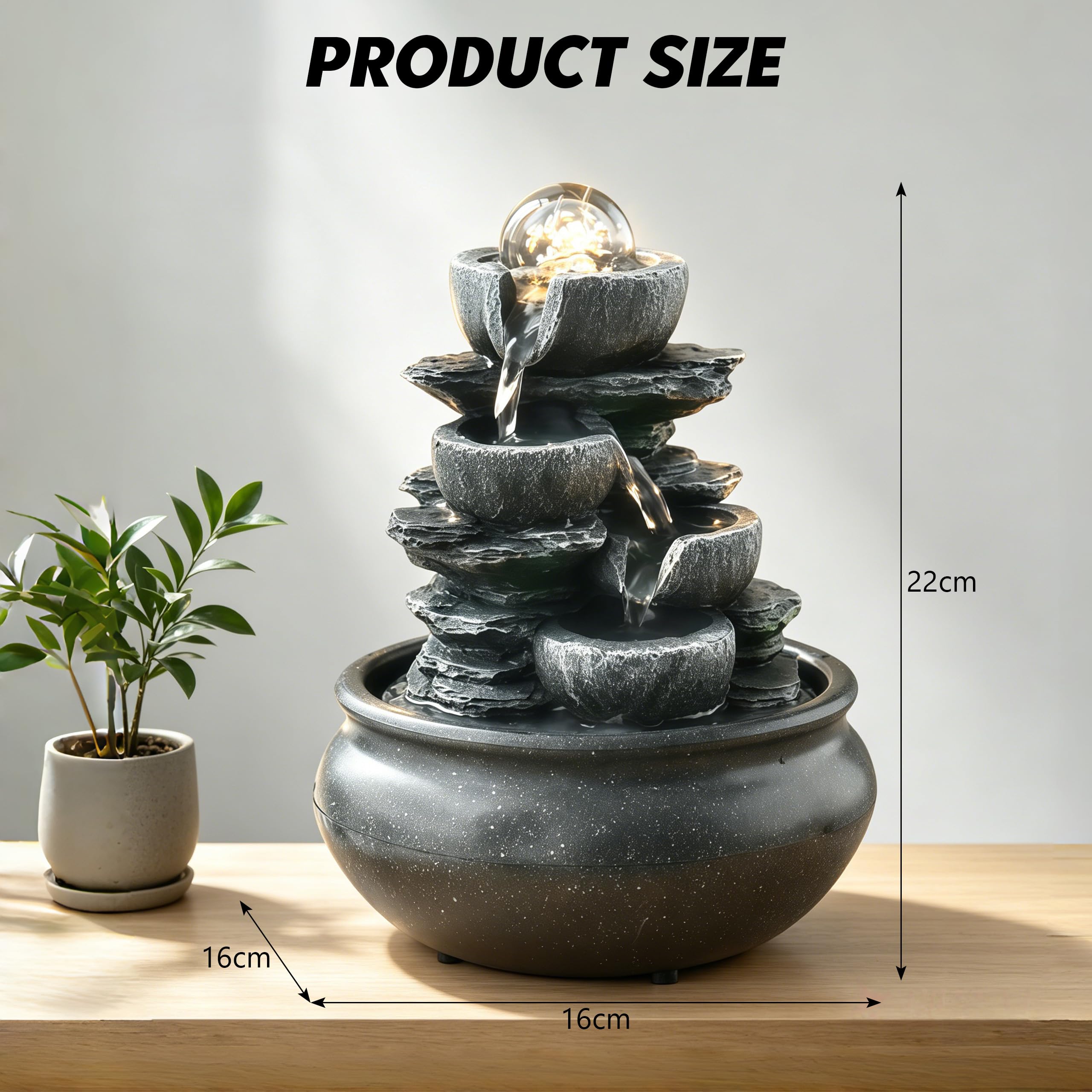 Zimmerbrunnen, Tischbrunnen mit Rollender Kugel, Naturwasserfall mit Steineffekt und Farbigem LED Licht, Tischplatte Wasserbrunnen, Steingarten, Zen Tischdekoration