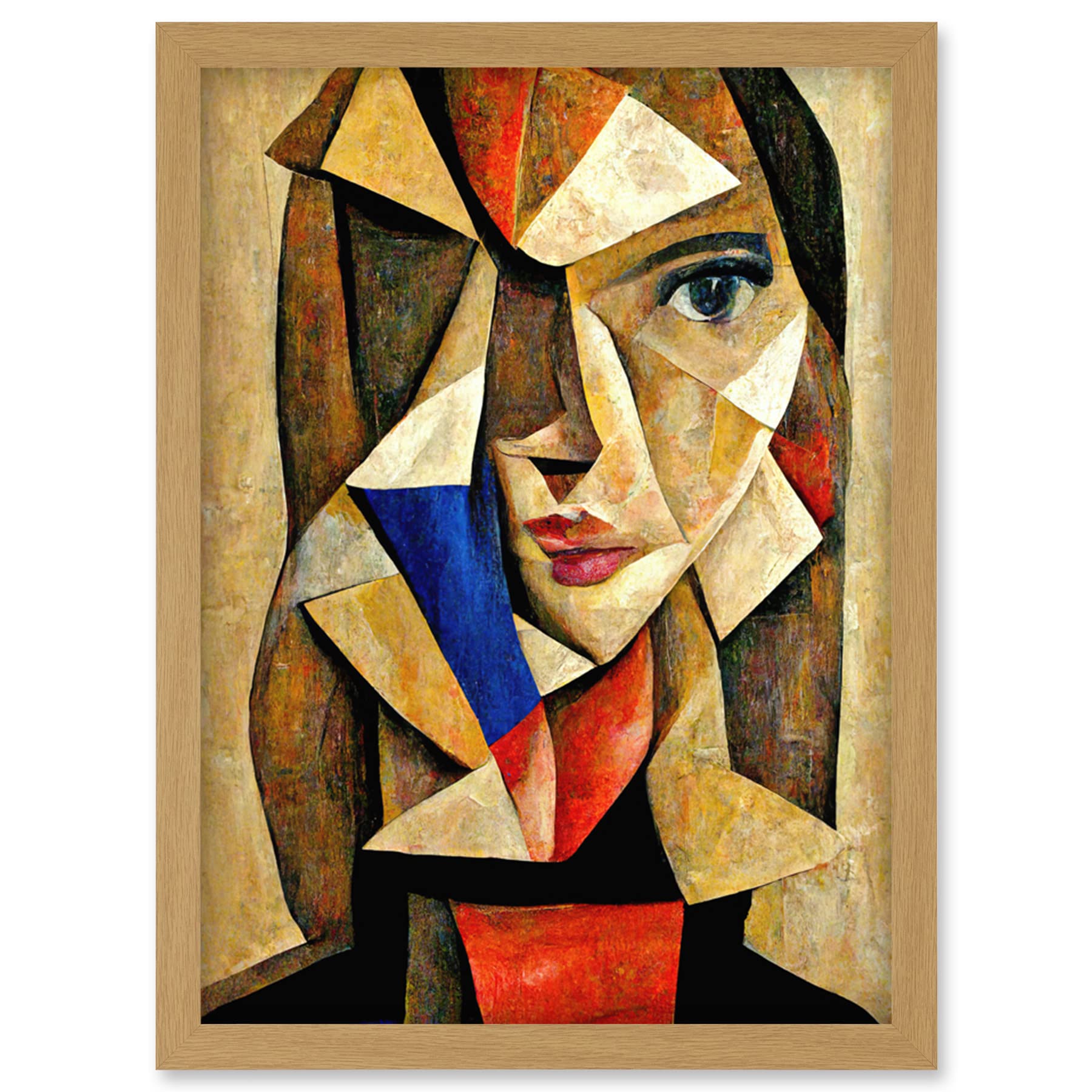 Doppelganger33 LTD Painting Cubism Style Portrait Of Young Woman Beige And Brown Artwork Framed Wall Art Print A4