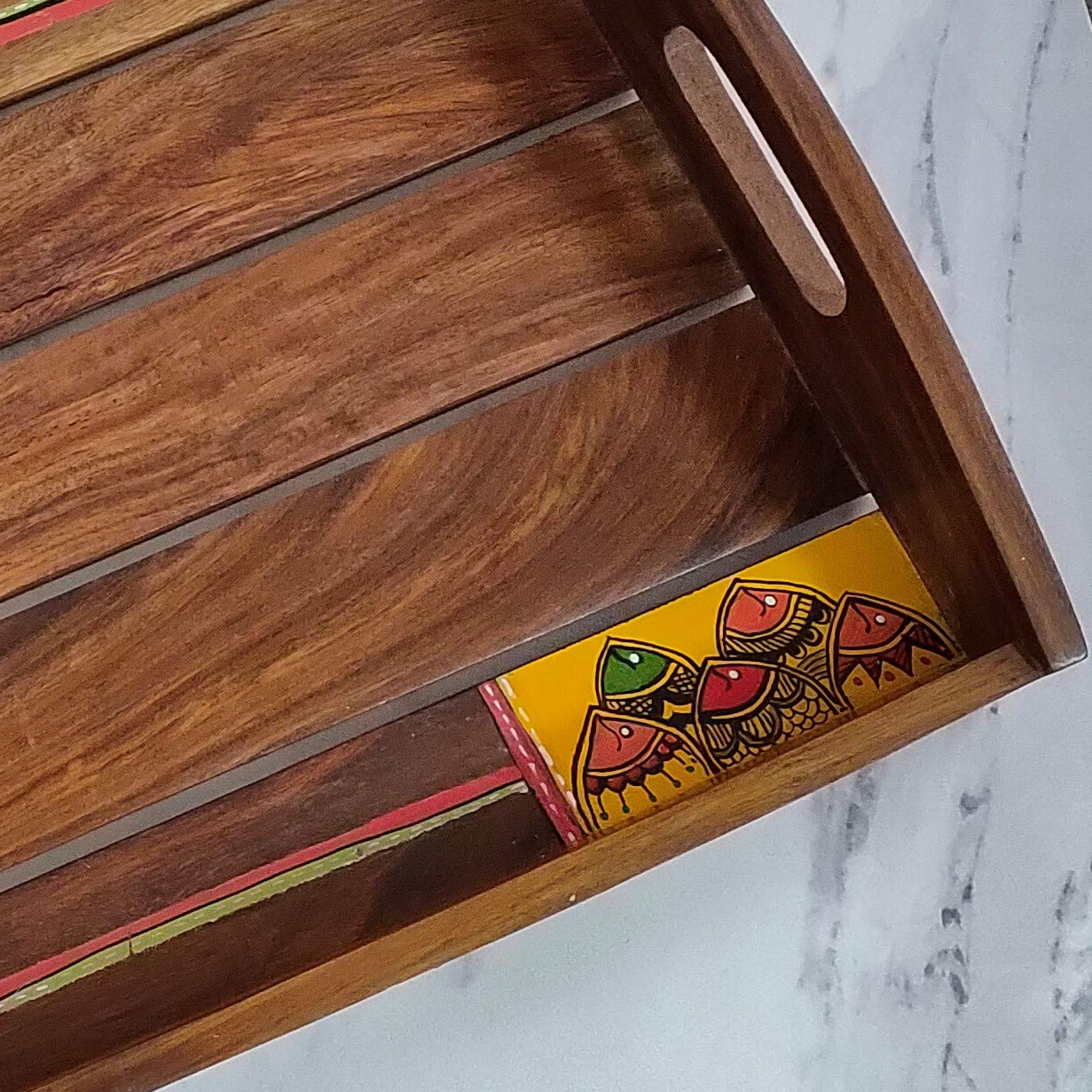 Artysta 'Madhubani Fishes' Wooden Serving Tray 2 for Snacks Tea Coffee | Premium Handcrafted Kitchen Organizer Trays Made with Sheesham Wood - Image 3 thumbnail