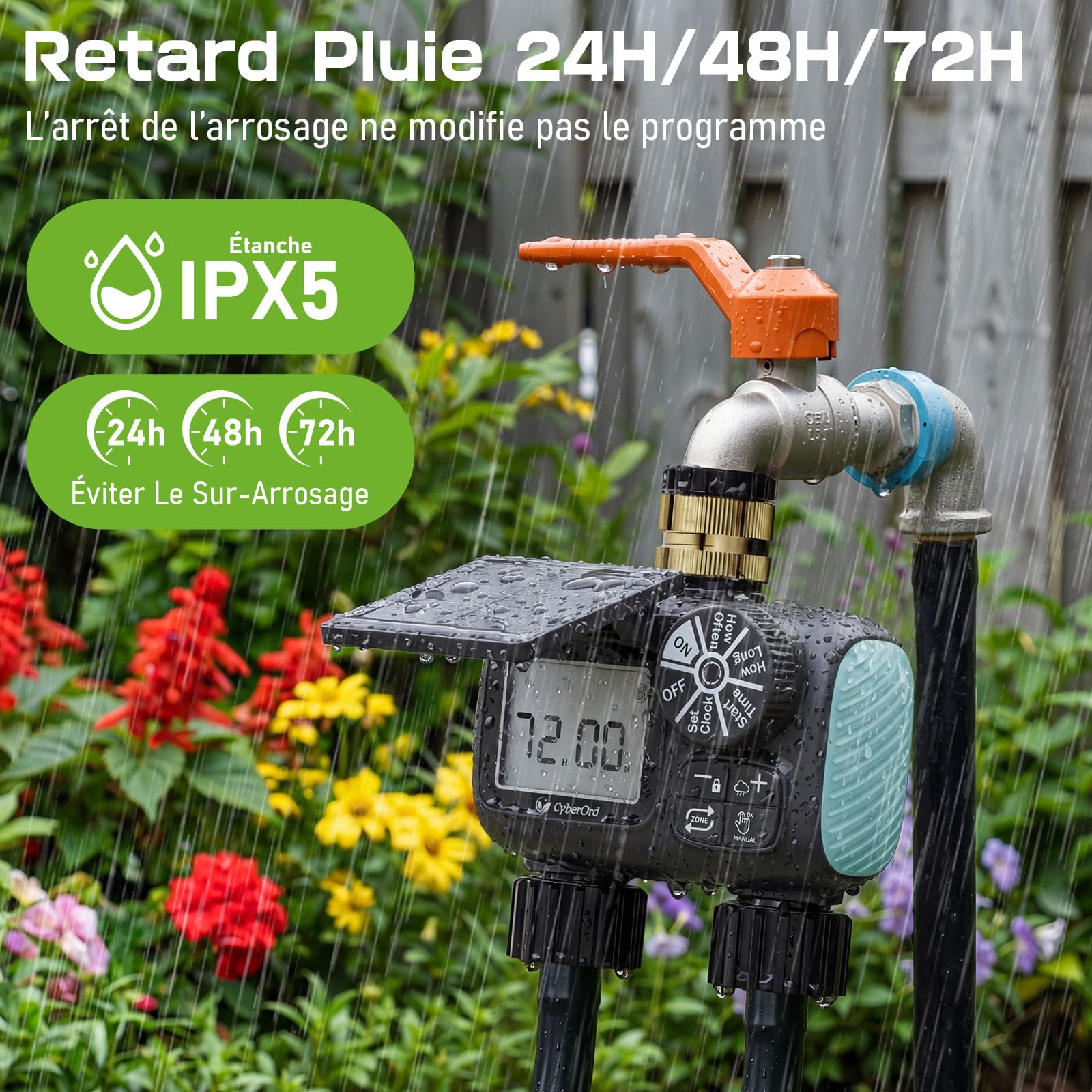 Programmateur d'arrosage Solaire CyberOrd 2 Zones, Arrosage Automatique pour Jardin avec Charge Solaire, Minuteur Arrosage Automatiquee avec Modes Auto/Manuel/Délai de Pluie pour Pelouse/Patio/Jardin