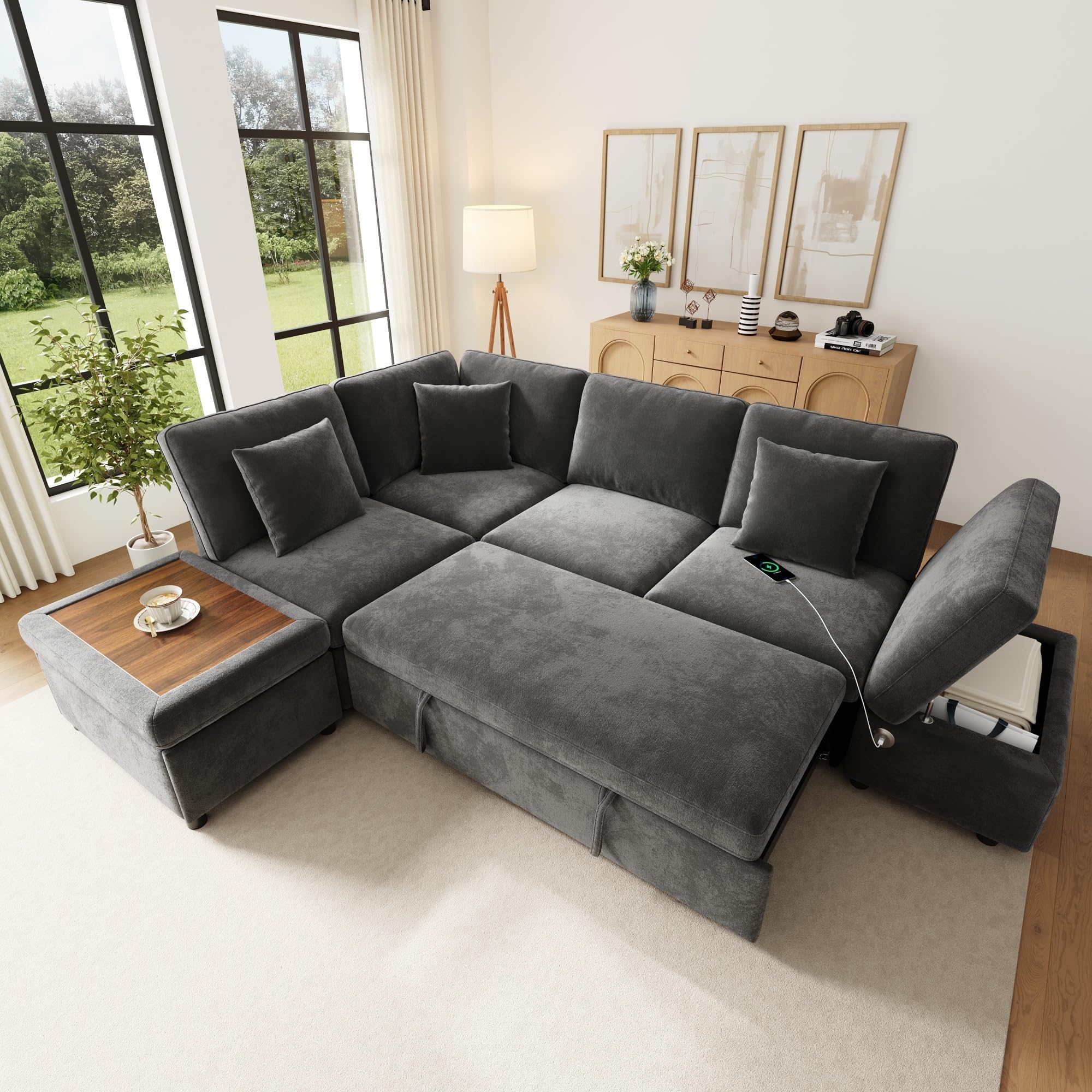 Canapé d'angle 6 Places Forme L Modulable RéVersible Gauche Droite, Fonction Convertible Lit Gigogne, Pouf De Rangement Amovible, Ports USB Type C, 3 Coussins Fournis