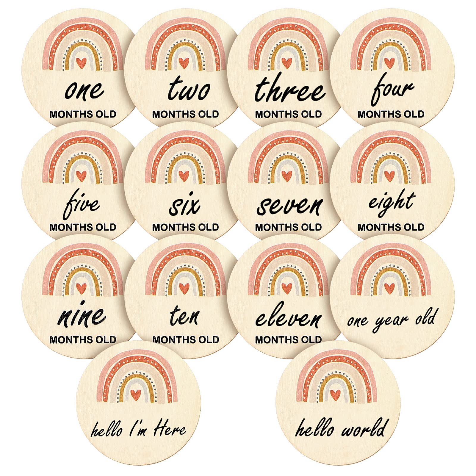 Baby Monthly Milestone Cards 14 Pieces Double-sided Monthly Milestone Wood Discs Rainbow Engraved Monthly Baby Milestone Cards Wooden Monthly Milestones Baby Photoshoot Props for Baby Girl Boy Newborn