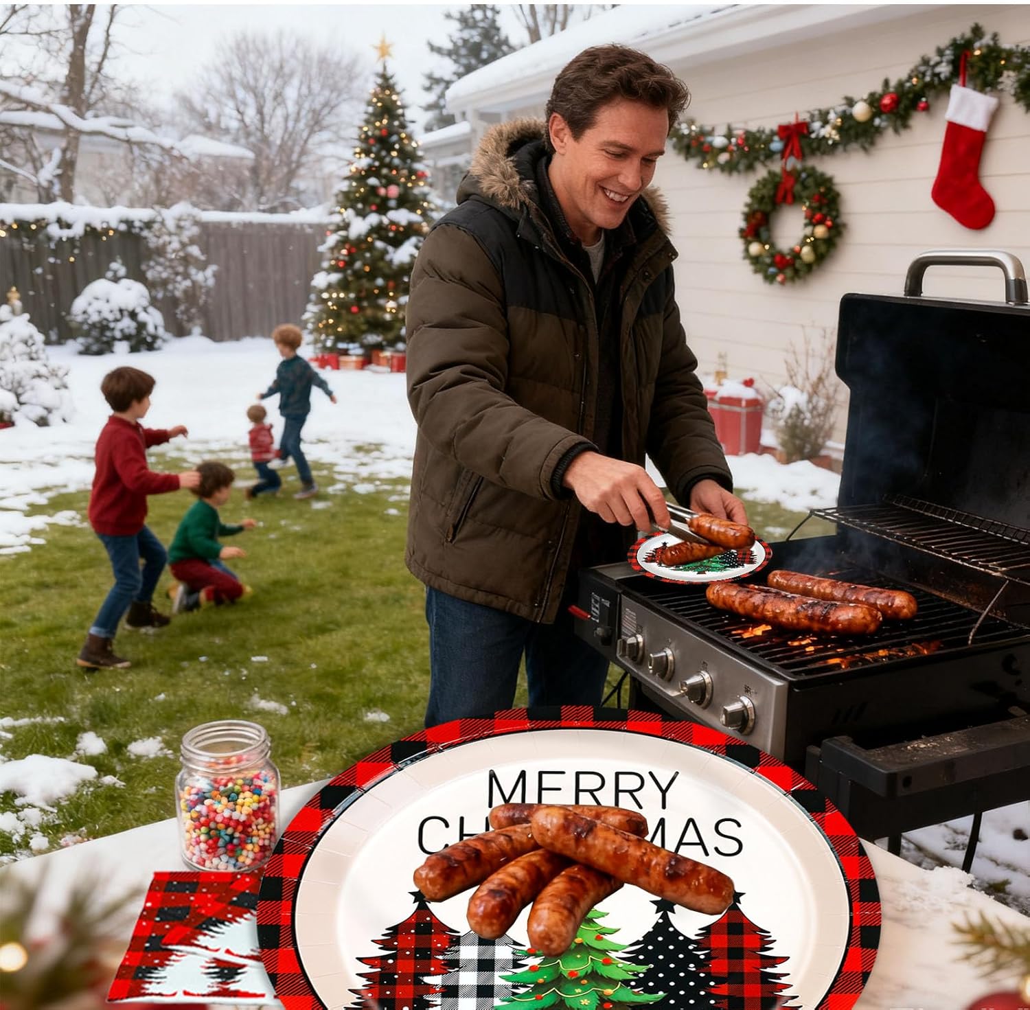 200Pcs Christmas Paper Plates and Napkins Sets, Disposable Buffalo Plaid Christmas Tree Plates and Napkins for Winter Xmas Party Supplies
