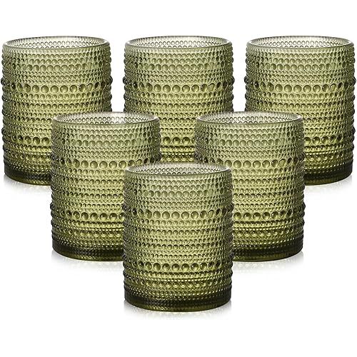 Vintage Glassware Drinking Glasses Set of 6,12 oz Hobnail Glass Cups,Embossed Green Water Tumbler,for Beer,Cocktail,Whiskey,Juice and Various Mixed Drinks- 1 Cleaning Brush