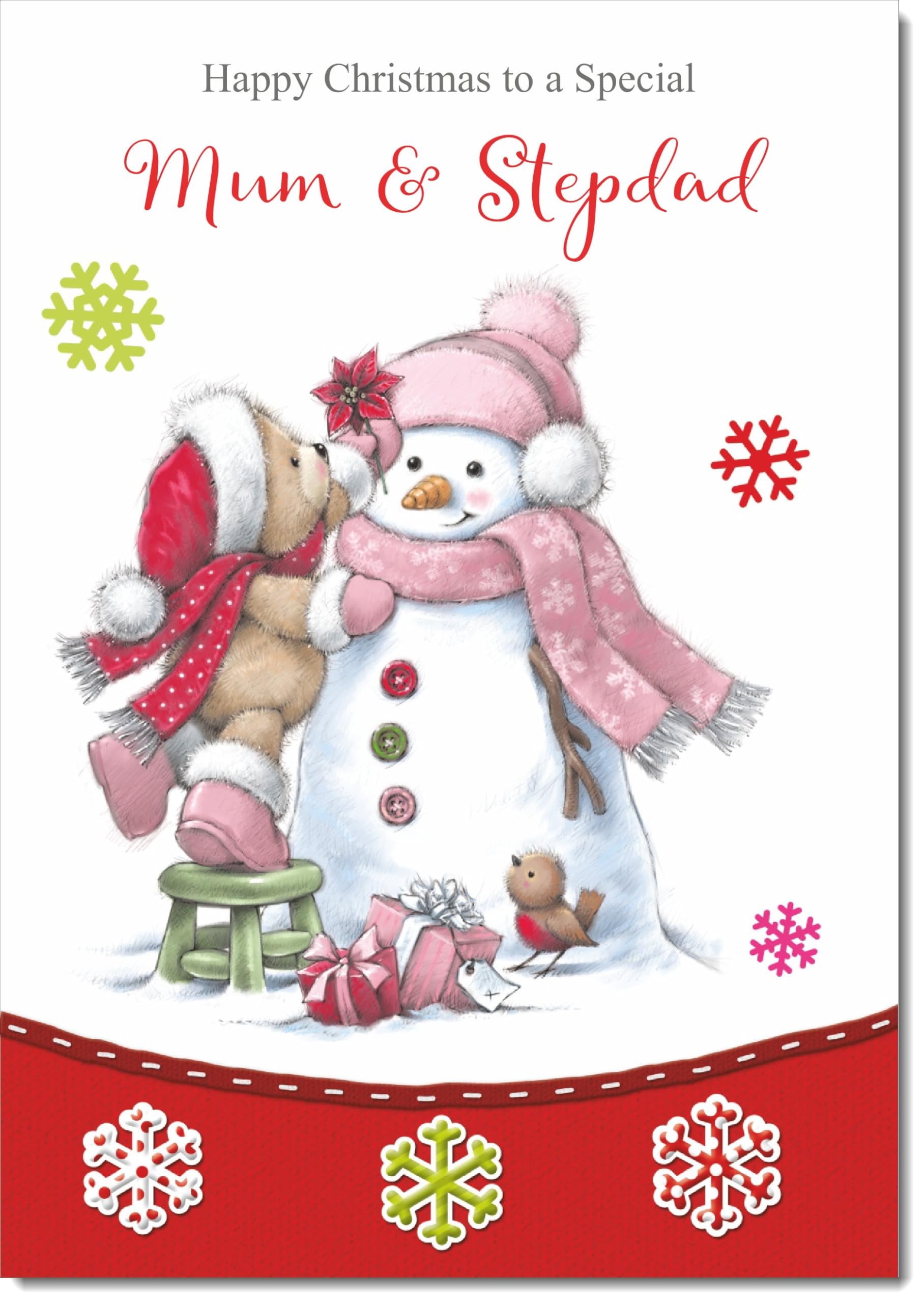 doodlecards Mum and Stepdad Christmas Card Cute Bear with Snowman Large A4 Size Christmas Card for Mum & Stepdad with Plain Envelope — image 1
