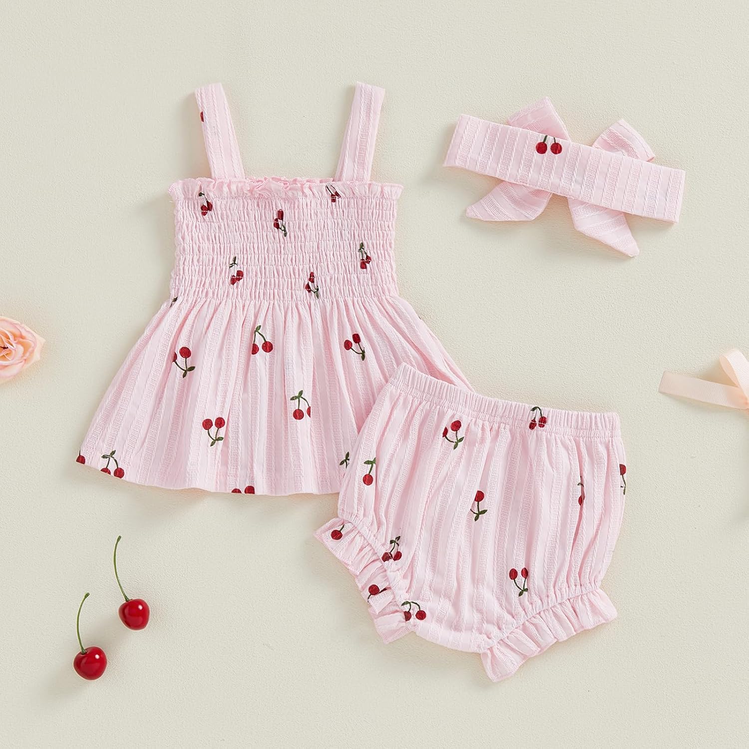 Thorn Tree Infant Girl Clothes Baby Outfits Sleeveless Strap Dress Tops Bloomer Shorts Bow Headband 3Pcs Summer - Image 4
