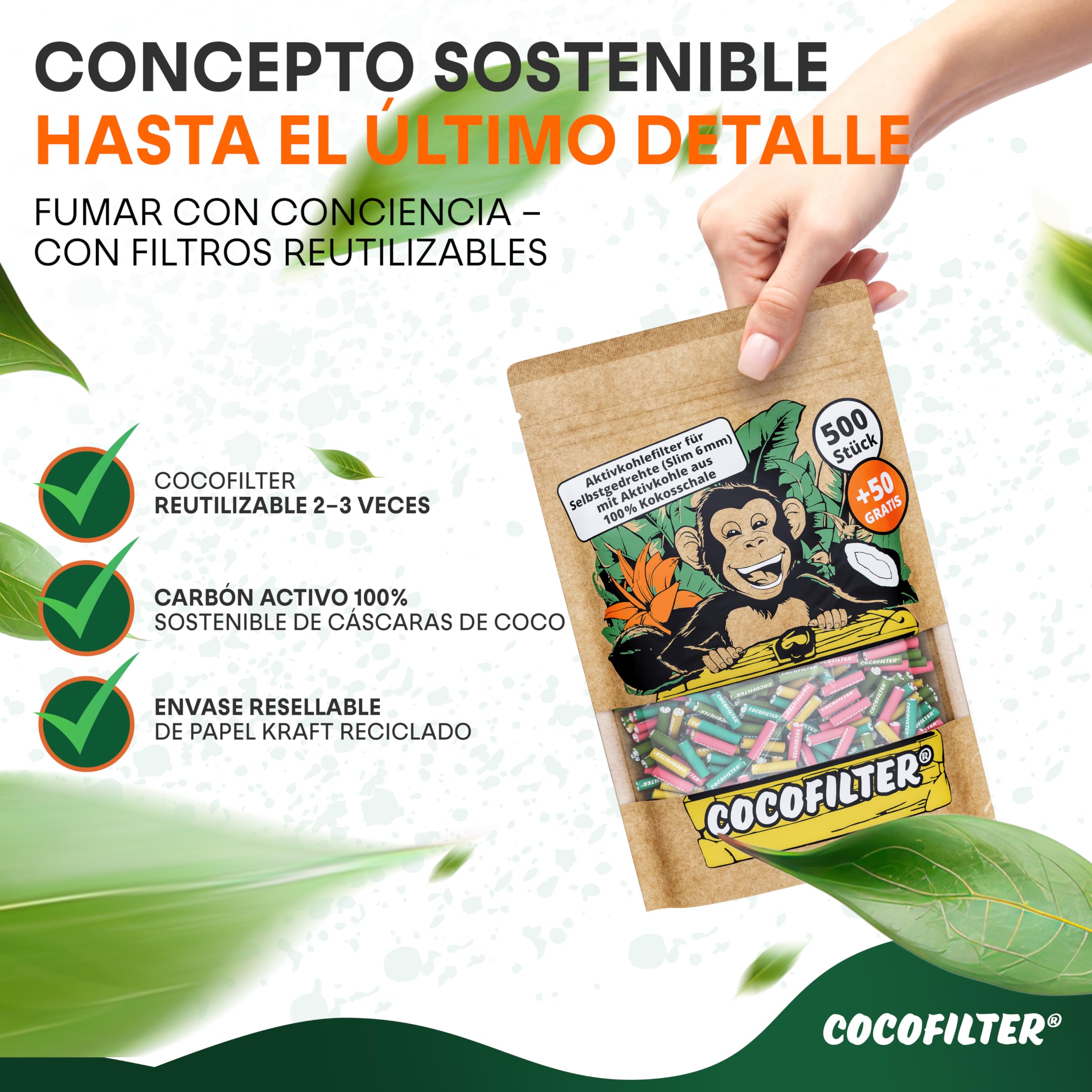 Filtros de carbón activado 6mm de cáscara de coco [550 uds.] | 500 + 50 puntas de filtro slim naturales con extremos de cerámica para cigarrillos liados a mano, 27mm, en bolsa resellable