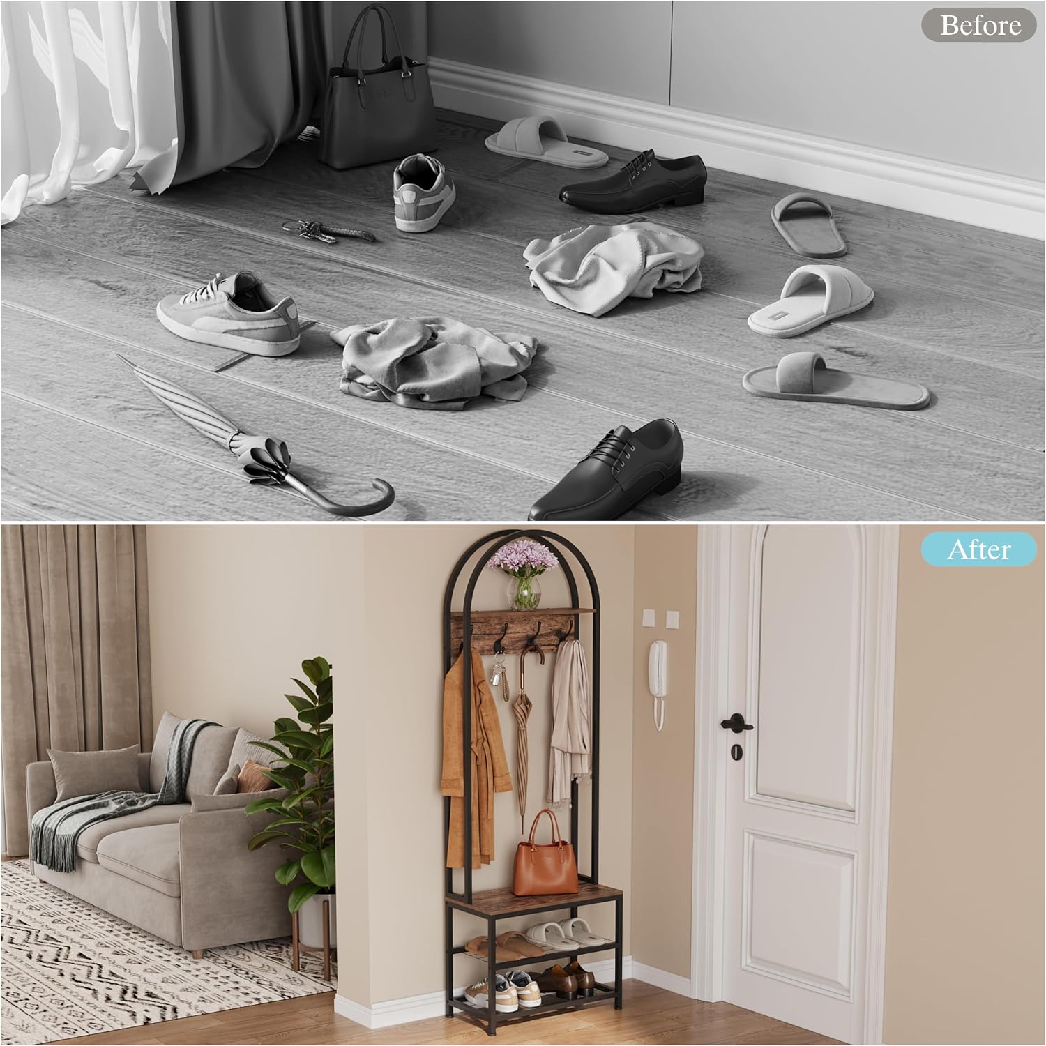 Unionly Small Hall Tree with Shoes Bench,Coat rack with hooks & shelves | 3 in 1 Arched hall tree with shoes storage for Small Space Entryway Organizer for Bedroom, Living Room