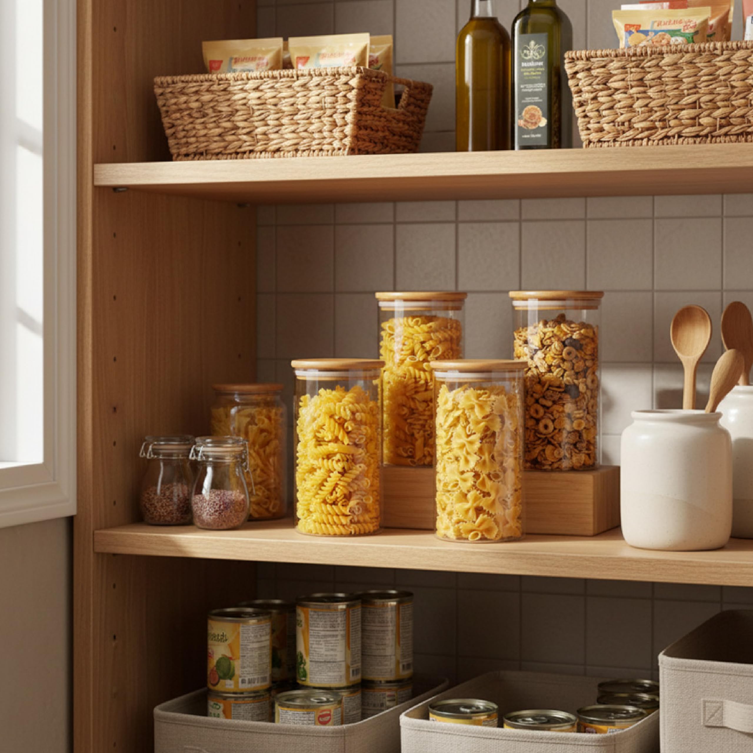 Baroni Home Set 4 Barattoli in Vetro Borosilicato con Tappo in Bamboo, 1.2 L Contenitori Alimentari Ermetici Lavabili in Lavastoviglie, Design Minimal, 20 cm