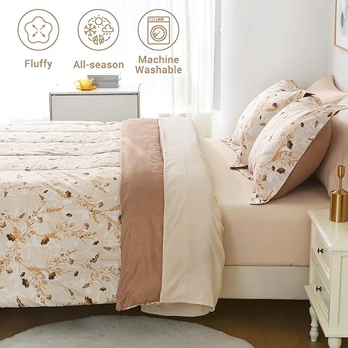 Miniatura 6 de lasoftan Juego de ropa de cama con diseño floral de granja tamaño Queen, con edredón, color beige con patrón de flores amarillas, juego de cama en