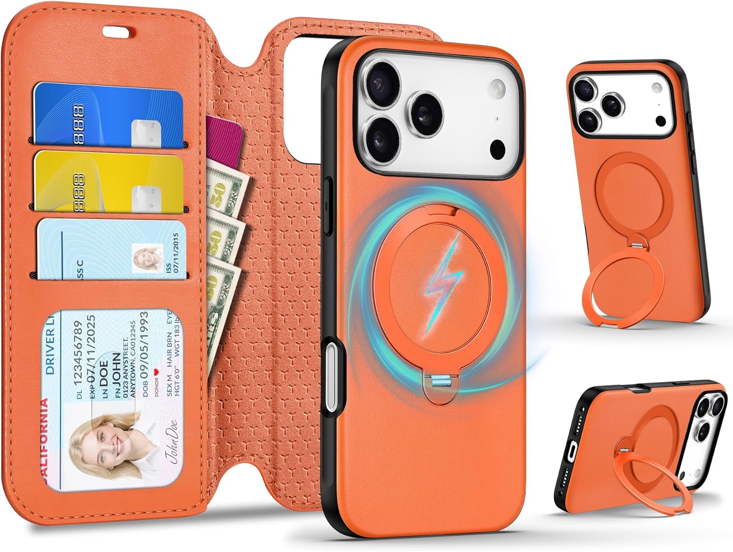 TUCCH Removable Case Wallet for iPhone 17 Pro Max, 3 Card Slots RFID Blocking, Adjustable 360° Rotation Ring Kickstand, Slim Wireless Charging 2-in-1 Magnetic PU Leather Shockproof Cover 6.9", Orange