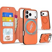 TUCCH Removable Case Wallet for iPhone 17 Pro Max, 3 Card Slots RFID Blocking, Adjustable 360 Rotation Ring Kickstand, Slim Wireless Charging 2-in-1 Magnetic PU Leather Shockproof Cover 6.9", Orange