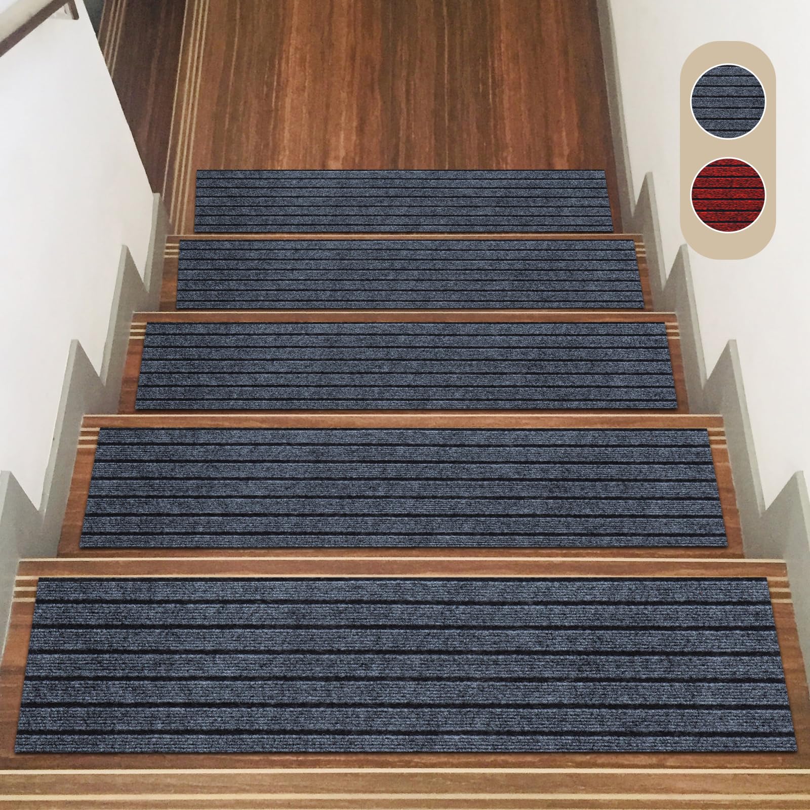 Lot de 15 tapis d'escalier intérieur antidérapants 22 x 70 cm en polyester avec dos en TPE autocollant pour enfants, personnes âgées et animaux domestiques (gris avec rayures noires)