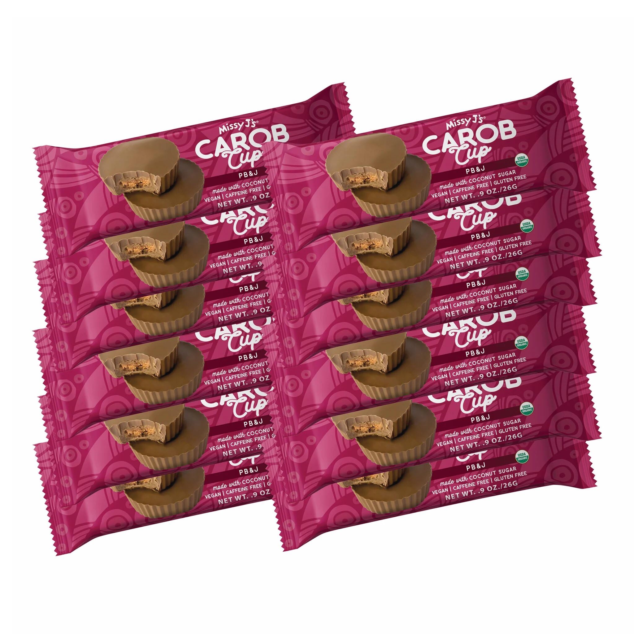 Missy J's Organic Peanut Butter & Jelly Carob Cups .9 Oz 12 Pack | Carob Made w/Coconut Sugar, Vegan and Gluten-Free | Healthy Caffeine Free