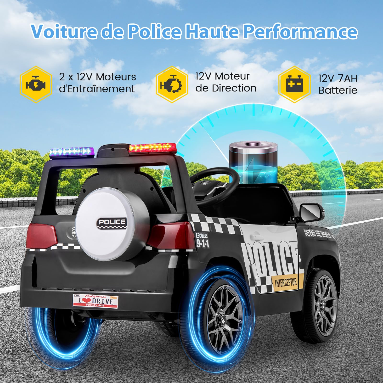 COSTWAY 12V Voiture Électrique Enfant en Forme Police avec Télécommande 2,4G, Véhicule Électrique Enfant 4x4 avec Musique & Lumières LED Clignotantes, 3 Vitesses, Charge 30kg pour 3-8 Ans (Blanc)