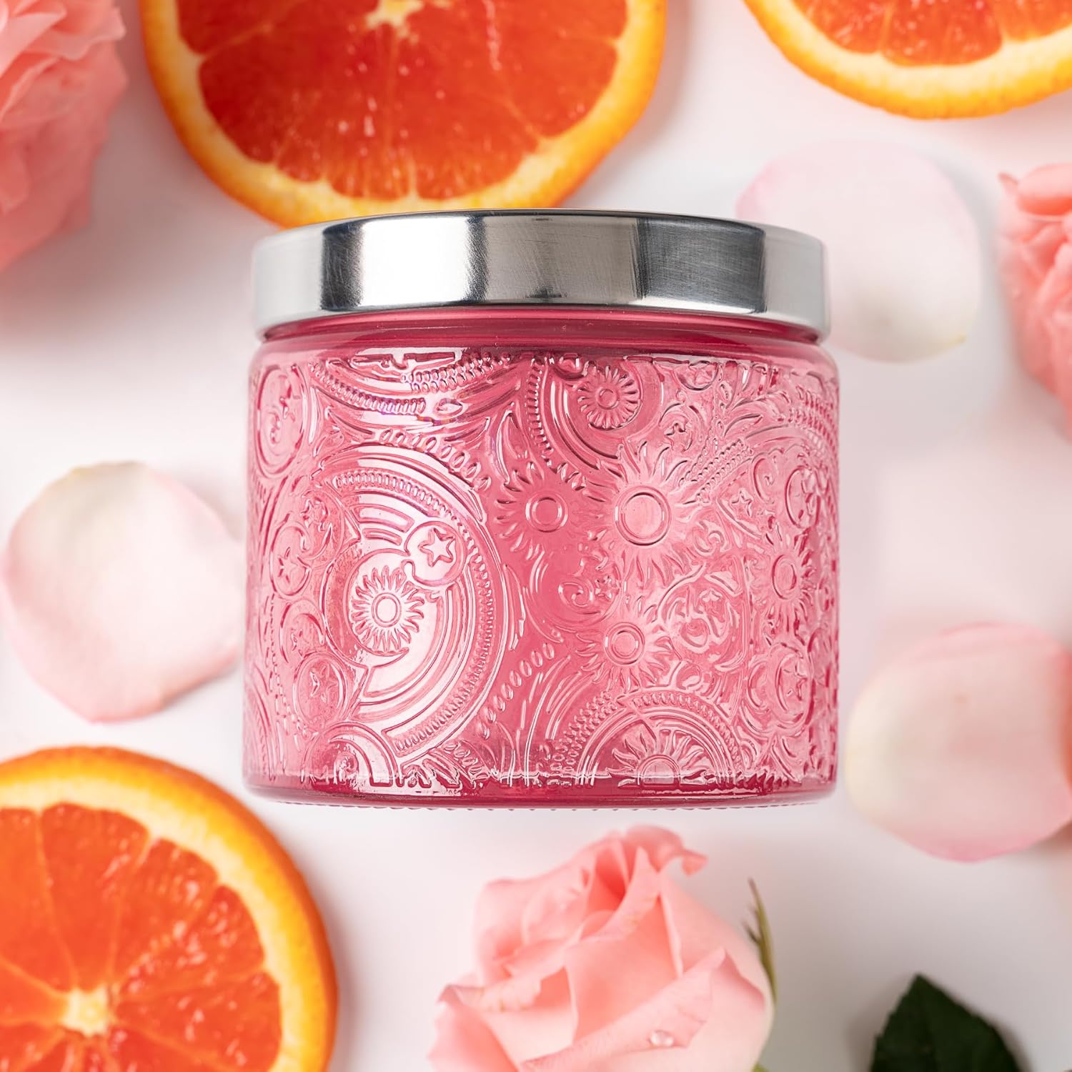 9-Pack 10 oz Sun Moon Star Embossed Glass Candle Jars with Mirror Lids and Labels - Unique Pink Candle Containers with Lids for Candle Making