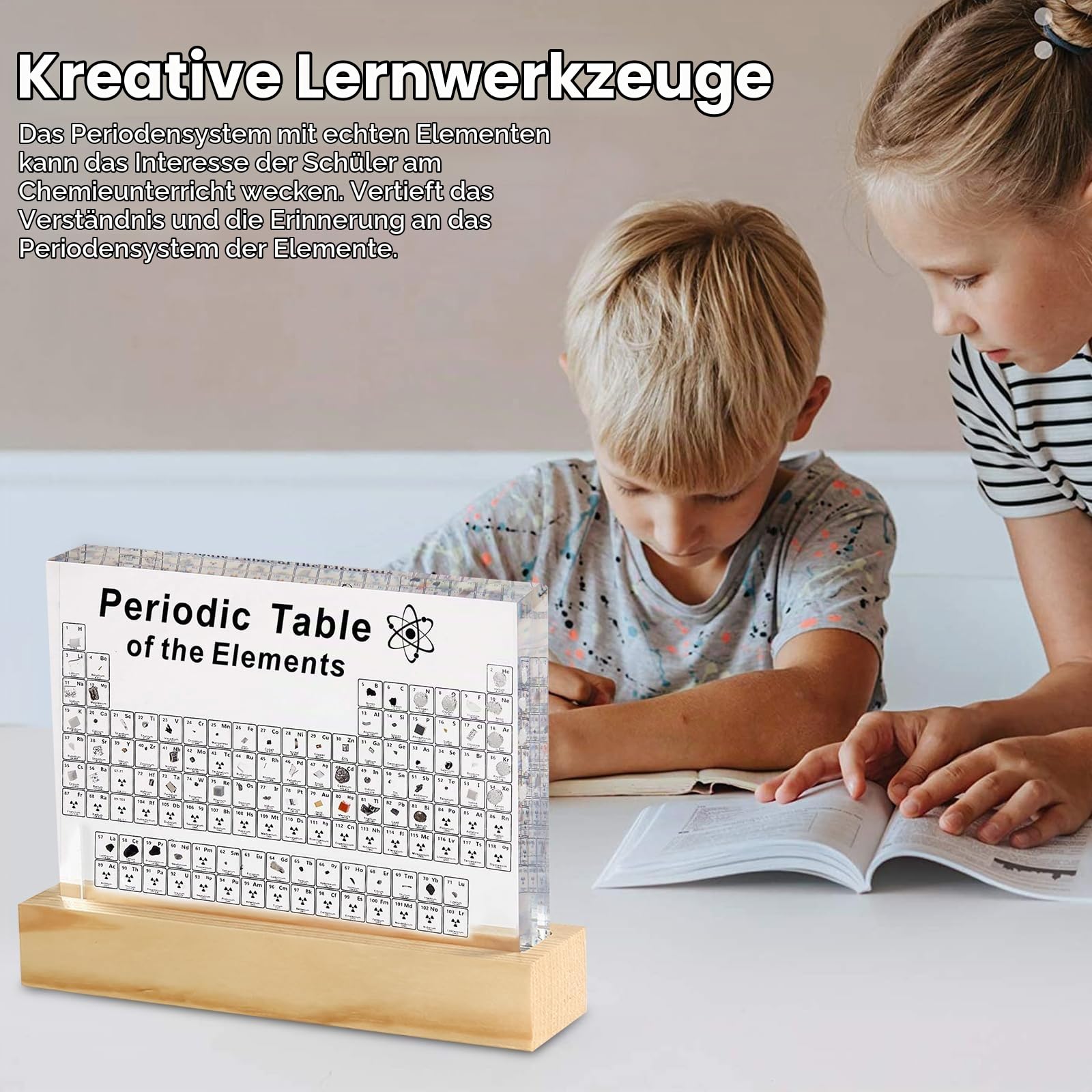IGTOPS Periodensystem mit Echten Elemente, 160 * 120 * 27mm Acryl Periodic Table of 83 Elementen with LED-Basis Tischlampe, Chemie Elementen Studium Poster, Periodensystem Display Geschenk