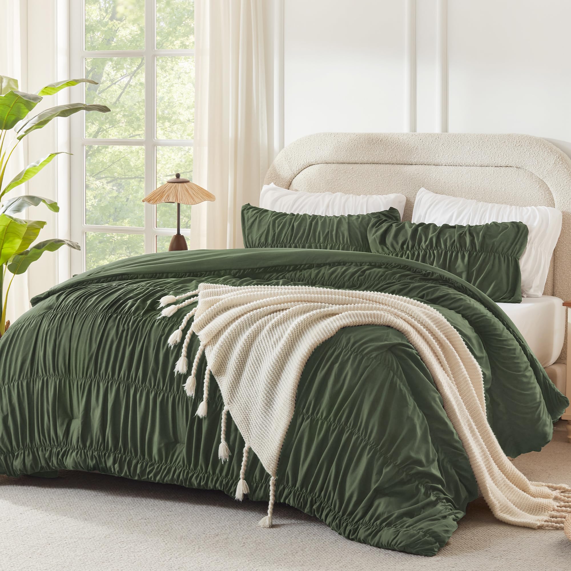 Andency Ruched Olive King Comforter Set, Boho Ruffle Bedding Set 3 Pieces