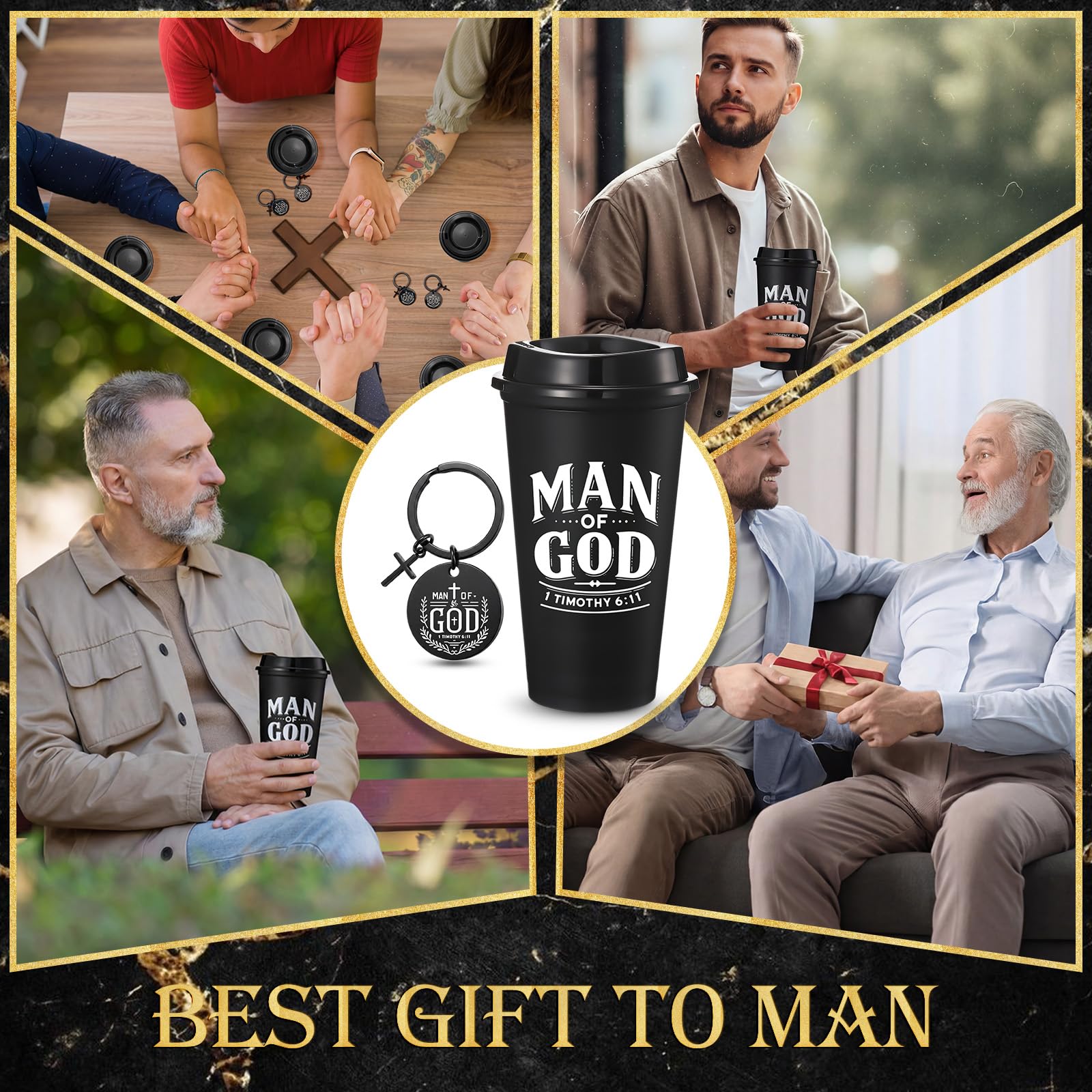 LemonRoad 40 Pcs/ 20 Sets Fathers Day Christian Gifts Man of God Bulk 16oz Reusable Coffee Cups with Lids Man of God Keychains Cross Gifts for Church Religious Men Dad Godfather Coworkers Employee