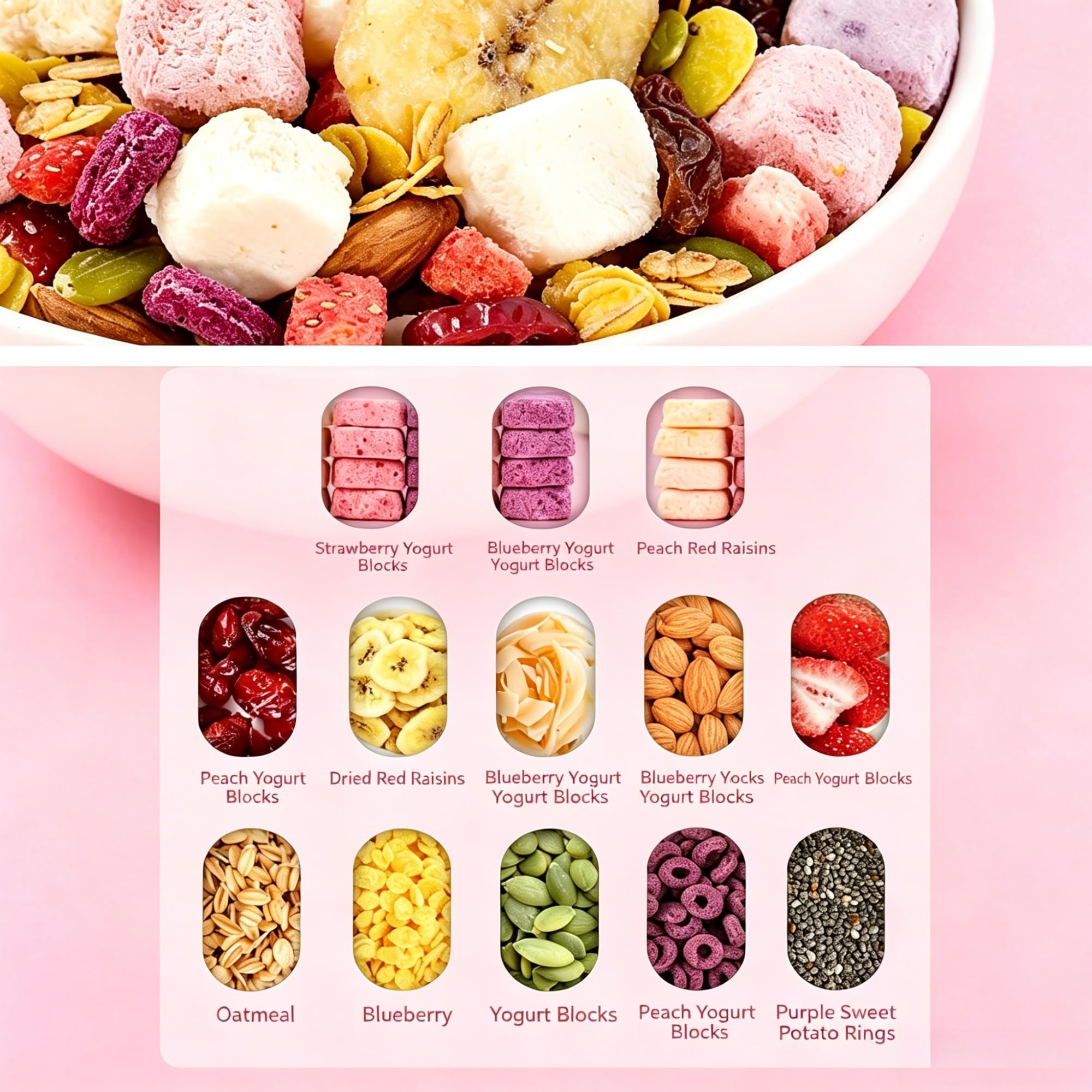 Cereal de yogur con semillas de chía: avena mezclada con trozos de fruta y bocadillos integrales(3pcs)