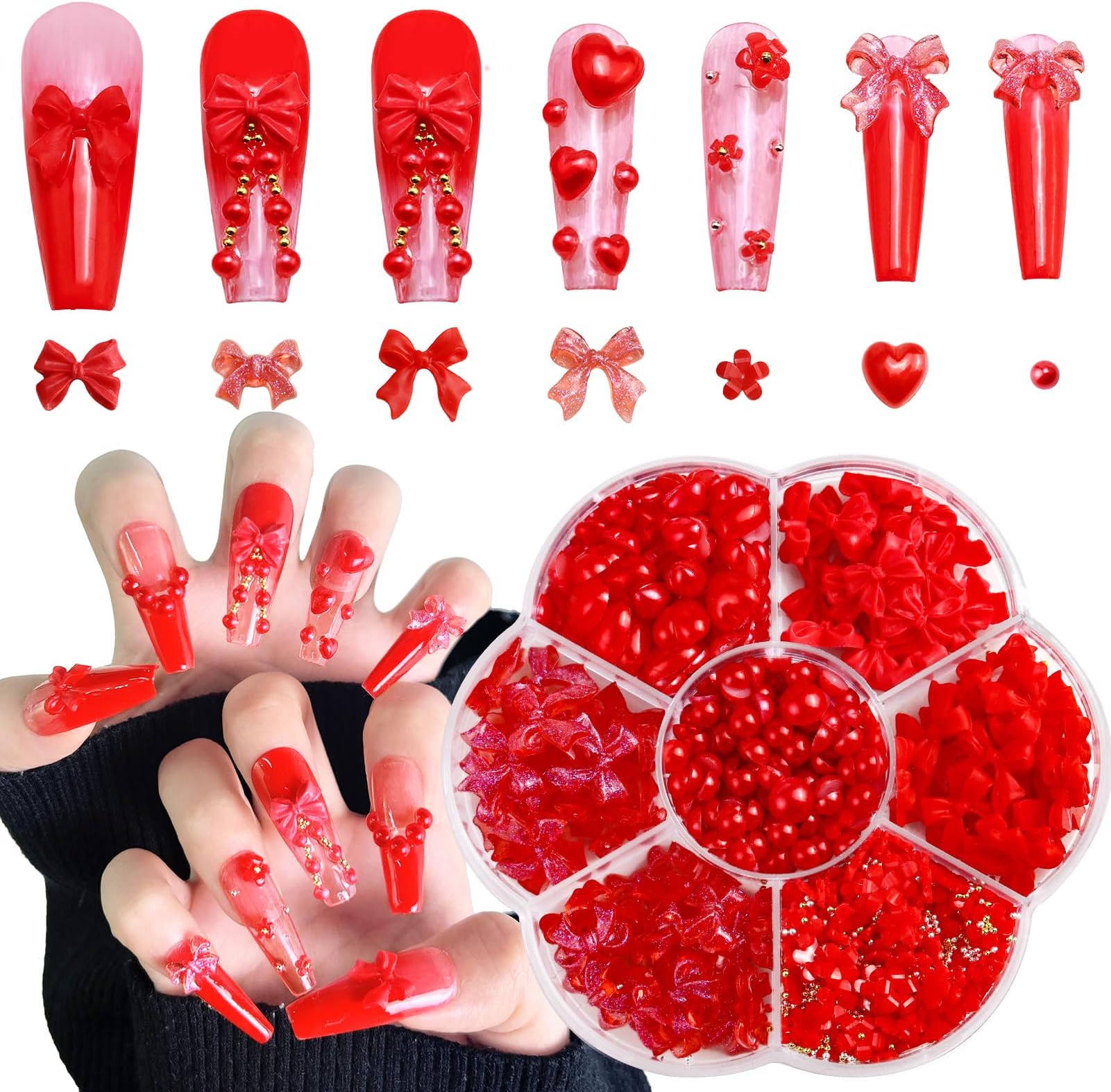Red 3D Bow Nail Charms, Bowknot Nail Stud Rhinestones, Bow and Pearl Charms for Nail Art New Year Valentine's Day Festival Celebration Decoration