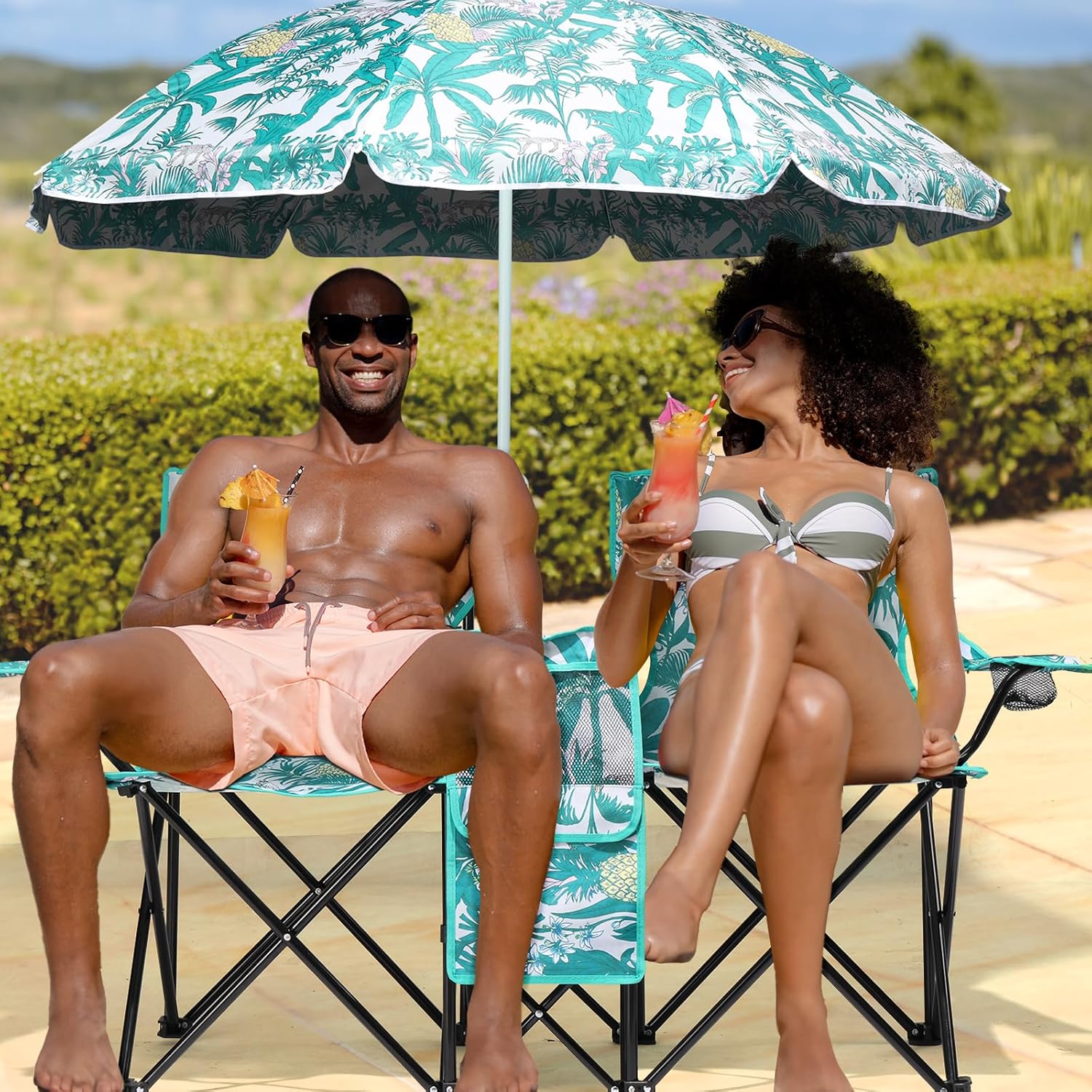 Folding Double Camping Chair with Removable Sun Umbrella,Outdoor 2-Seat Lawn Chair with Beverage Holder,Cooler & Carry Bag,Heavy Duty Foldable Camp Chair (Coconut Tree Pattern)
