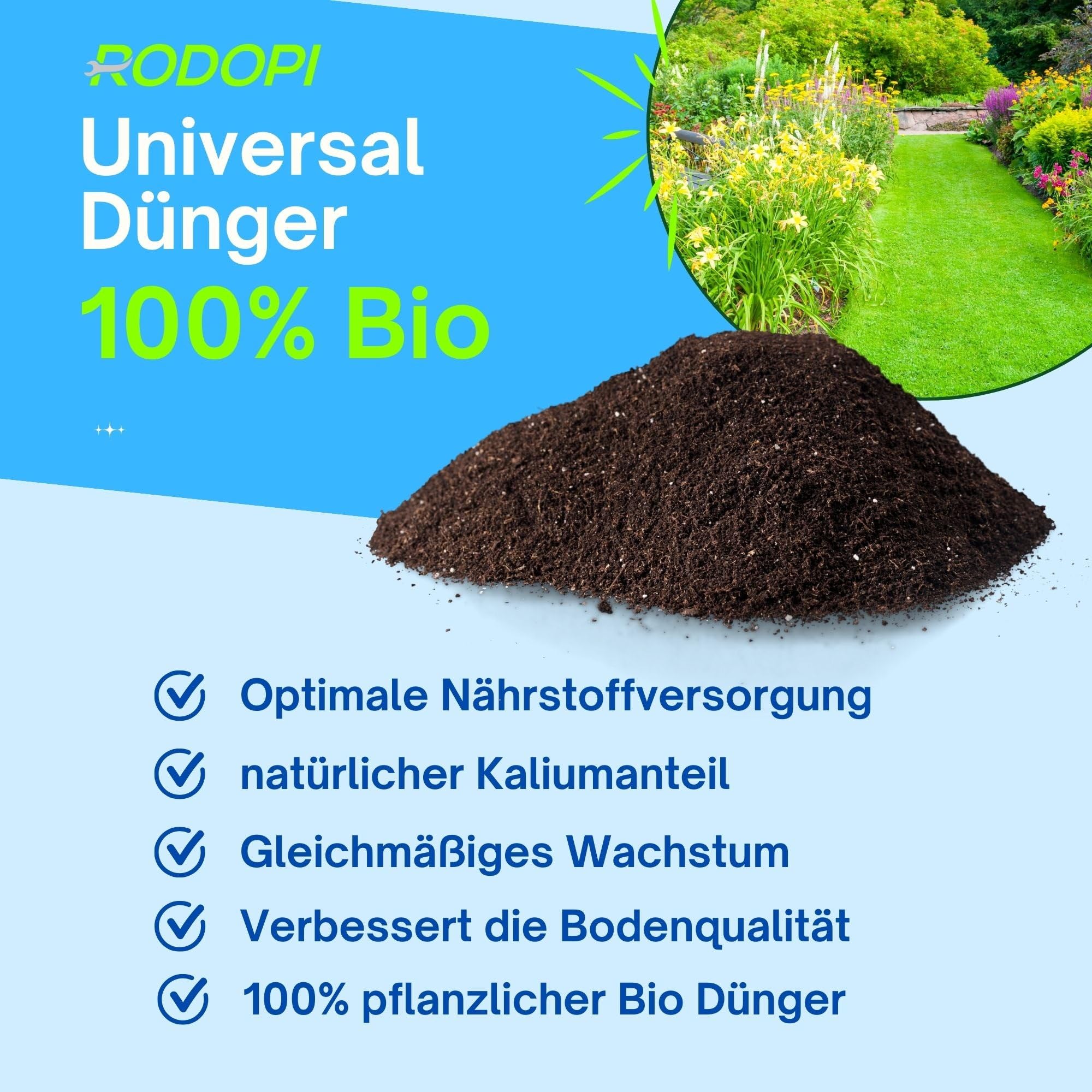 Rodopi Bio-Universaldünger Granulat – 3 Monate Langzeitwirkung – 100% pflanzlich & tierfrei – Organischer NPK-Dünger 7-3-8 mit Eisen – Für Gemüse, Zierpflanzen & Garten 20kg