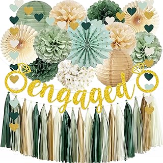 Verlobung Hochzeit Dekorationen Gold Verlobte Banner Salbeigrün Papierlaternen Olivengrün Seidenpapier Pompons Papierfächer Herz Quasten Girlande für Verlobte Hochzeit Valentinstag Party Dekoration