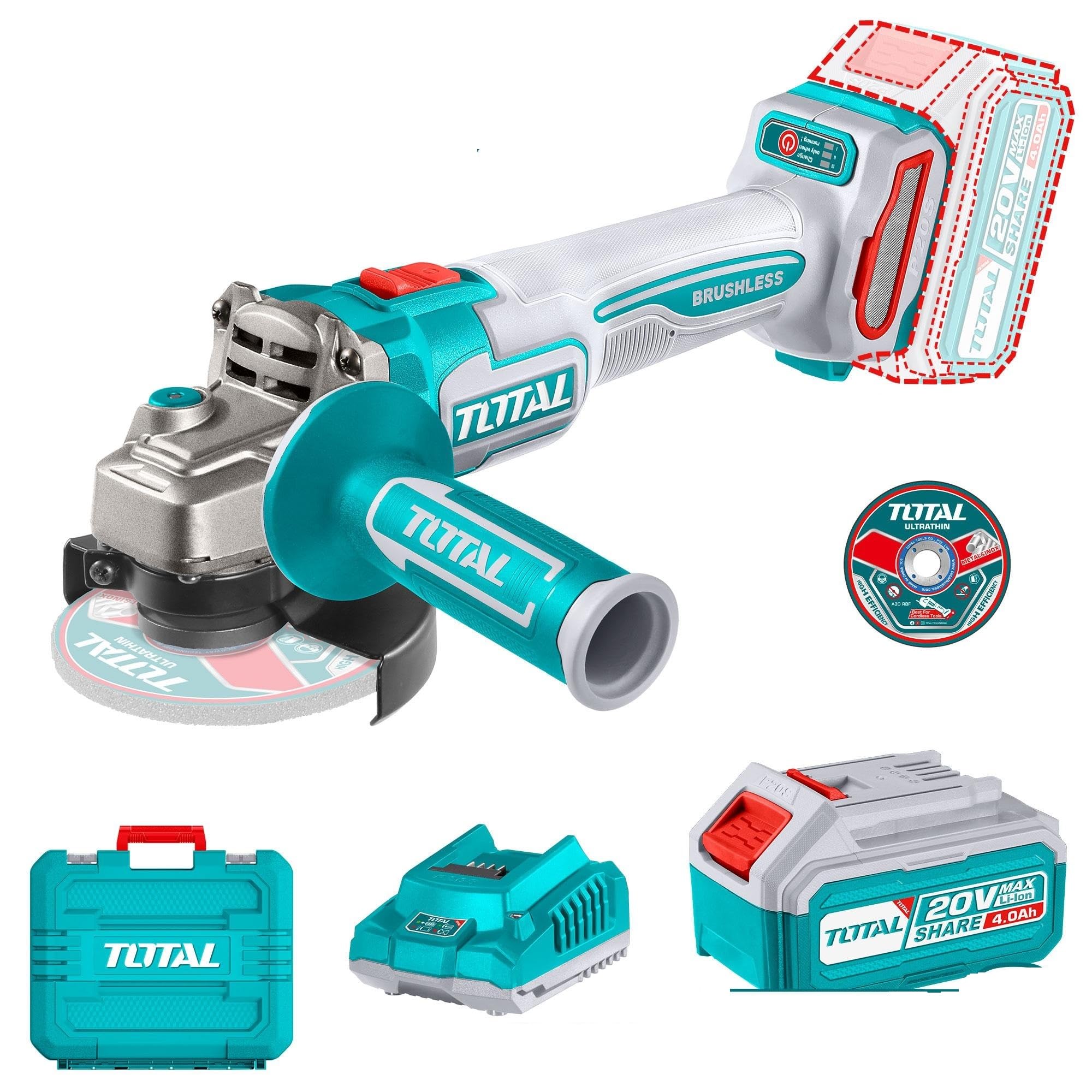 Super Total High-Power Cordless Angle Grinder20V Lithium-Ion Brushless -115mm Disc, 3000/6000/9000 RPM, Includes 10 Metal Cutting Discs, 2 x 4.0Ah Batteries, Charger, & Carrying Case - Ideal for Metal