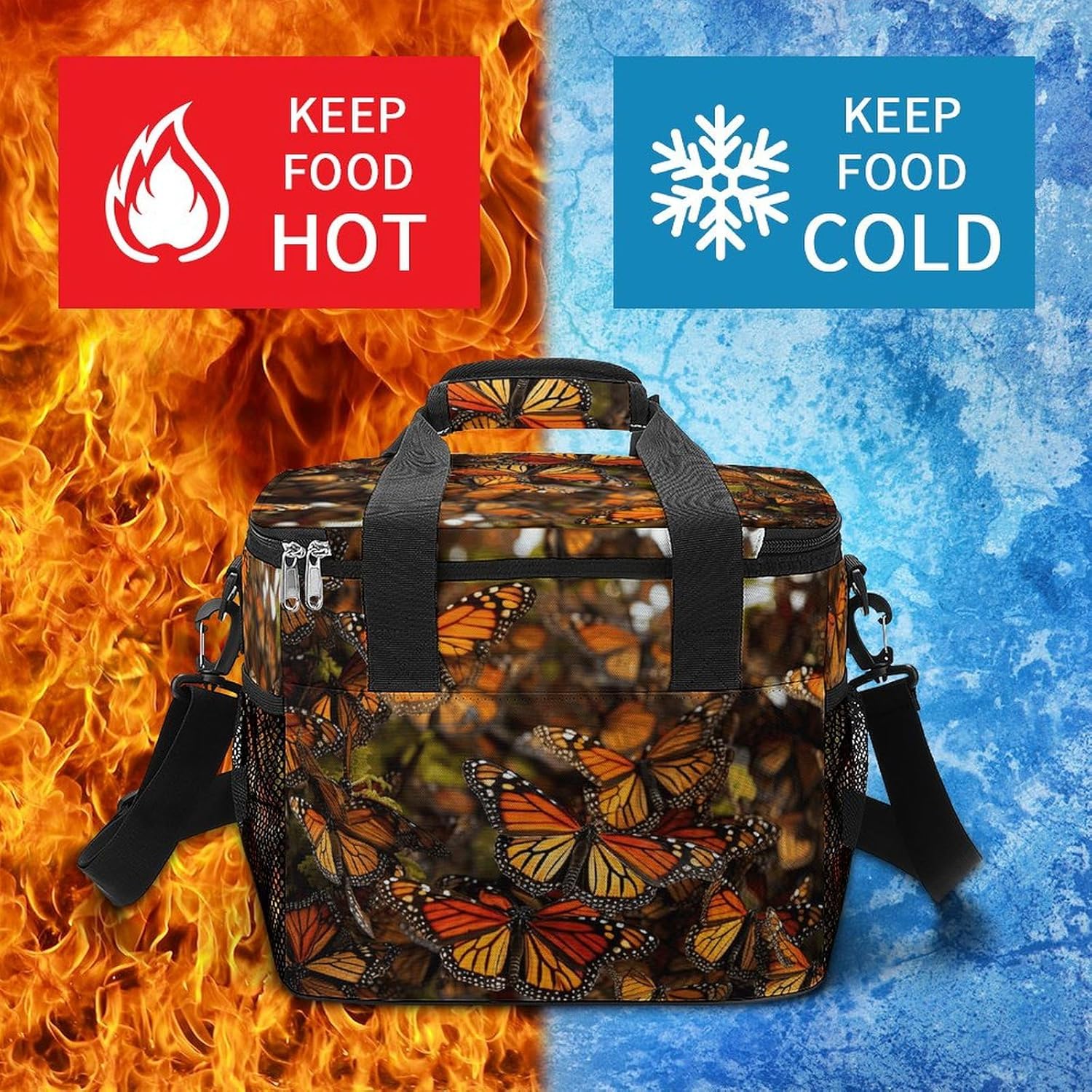 Insulated Camping Cooler Bag, Monarch Butterflies Print Ice Pack with Leakproof Lining 22.5L Capacity Portable Thermal Bag for Camping,Picnic
