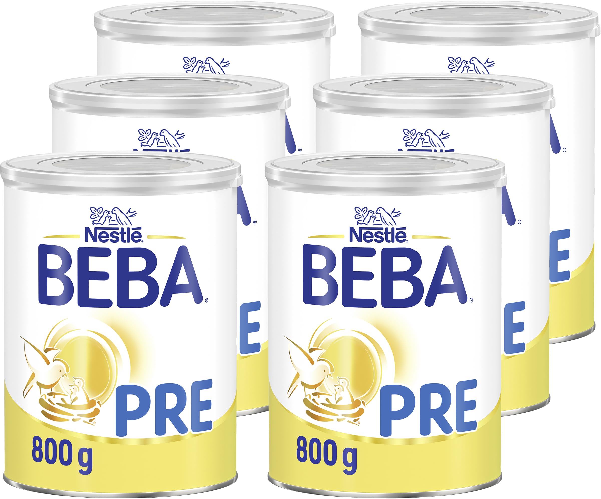 BEBA PRE - Anfangsmilch von Geburt an, Nur Laktose, Ohne Palmöl, Ohne Fischöl, Babynahrung, Baby-Milchpulver, 6er Pack (6 x 800g)