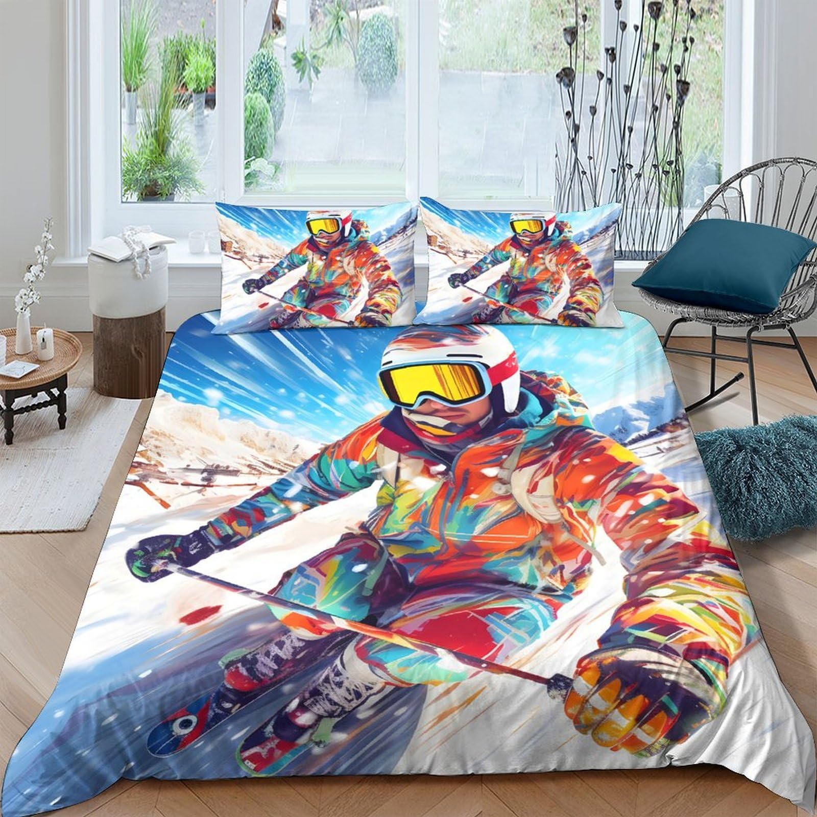 Ctjqhvkz Style-9 3D Printed Ski Racer Fitted Sheet Microfiber Colourful Sports Mattress Cover For Bedroom Dorm Decor Protection Single（135X200cm）