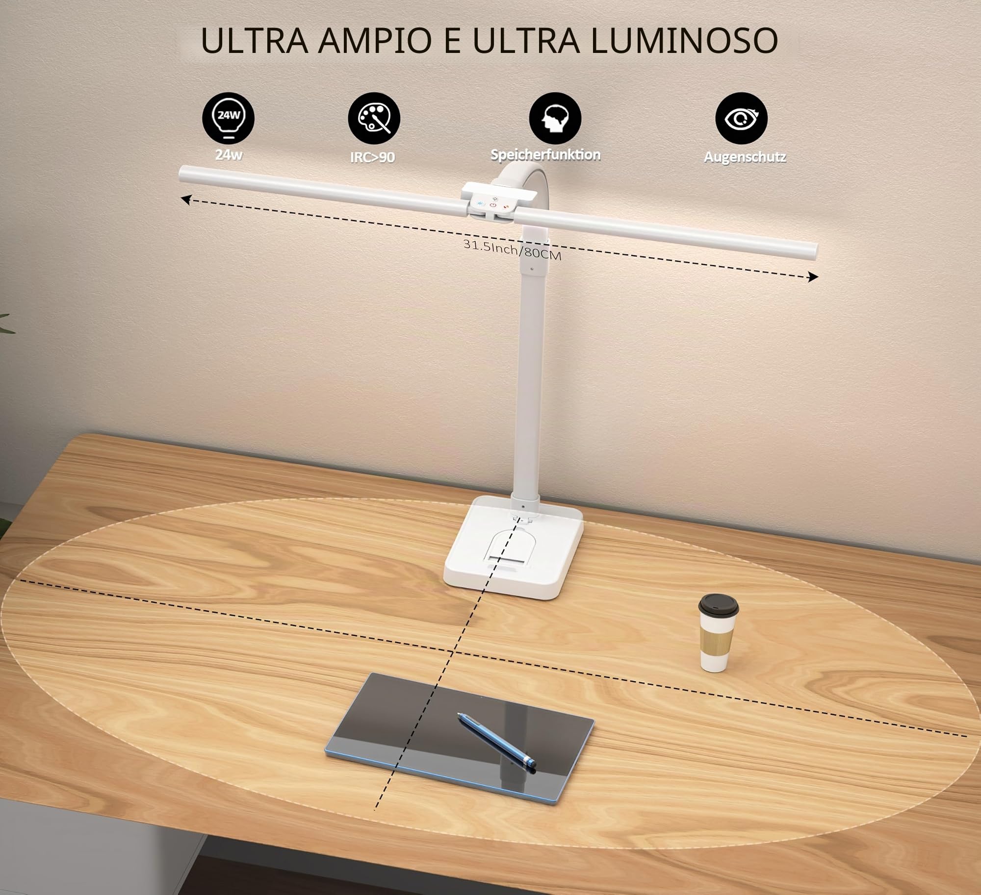 LOTTBUTY Lampada da scrivania a doppia testa a LED, dimmerabile, 24 W, 80 cm, per casa, ufficio, lampada da tavolo, a collo di cigno (bianco, base per scrivania con supporto per cellulare)